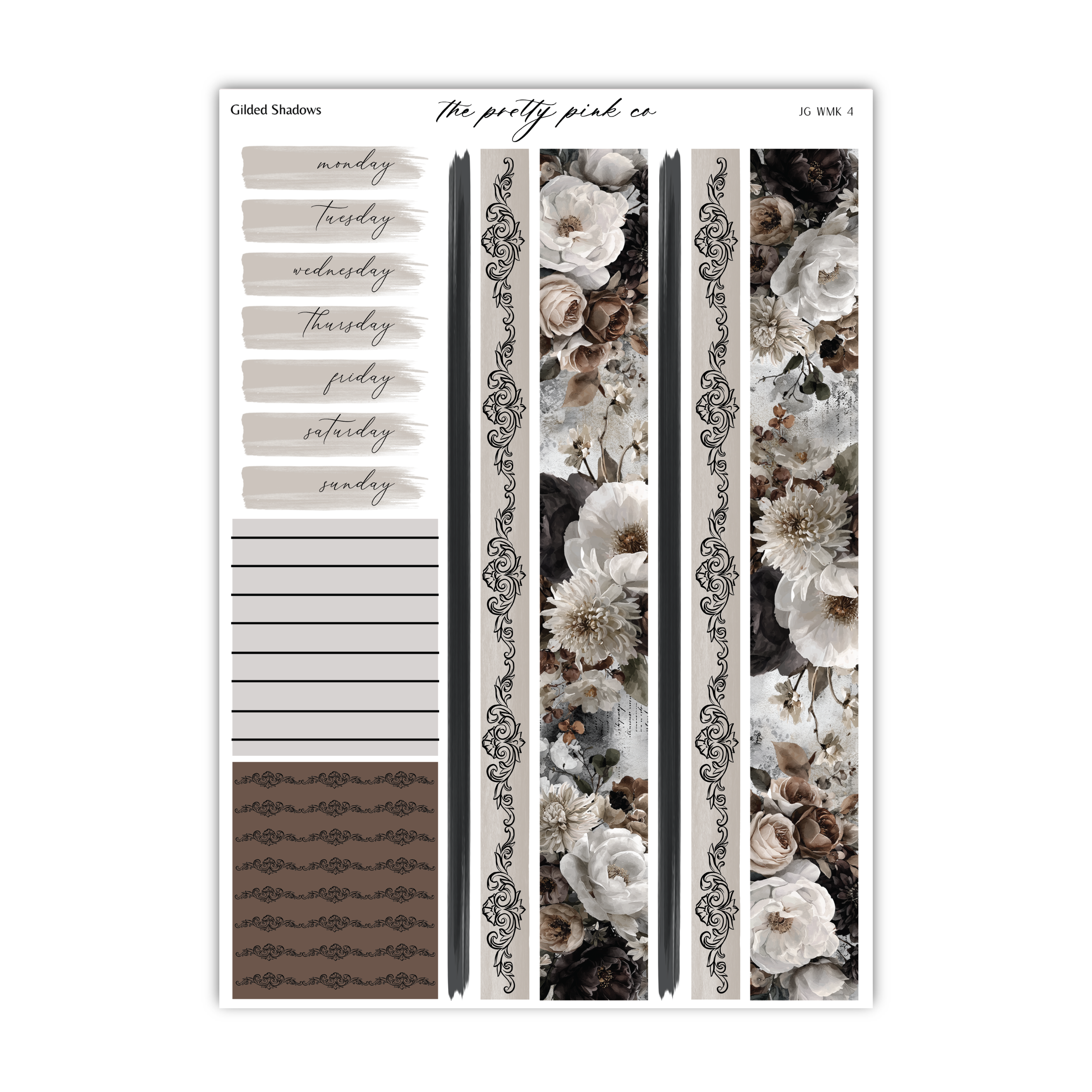 The image is a collage of various elements, including a floral pattern, a grid of days of the week, and a brown and white pattern.