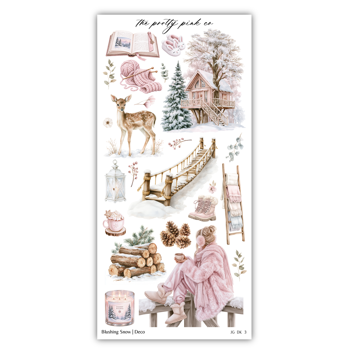 The image is a collage of various winter-themed elements, including a deer, a cabin, a bridge, pine cones, a candle, and a person in a pink outfit.