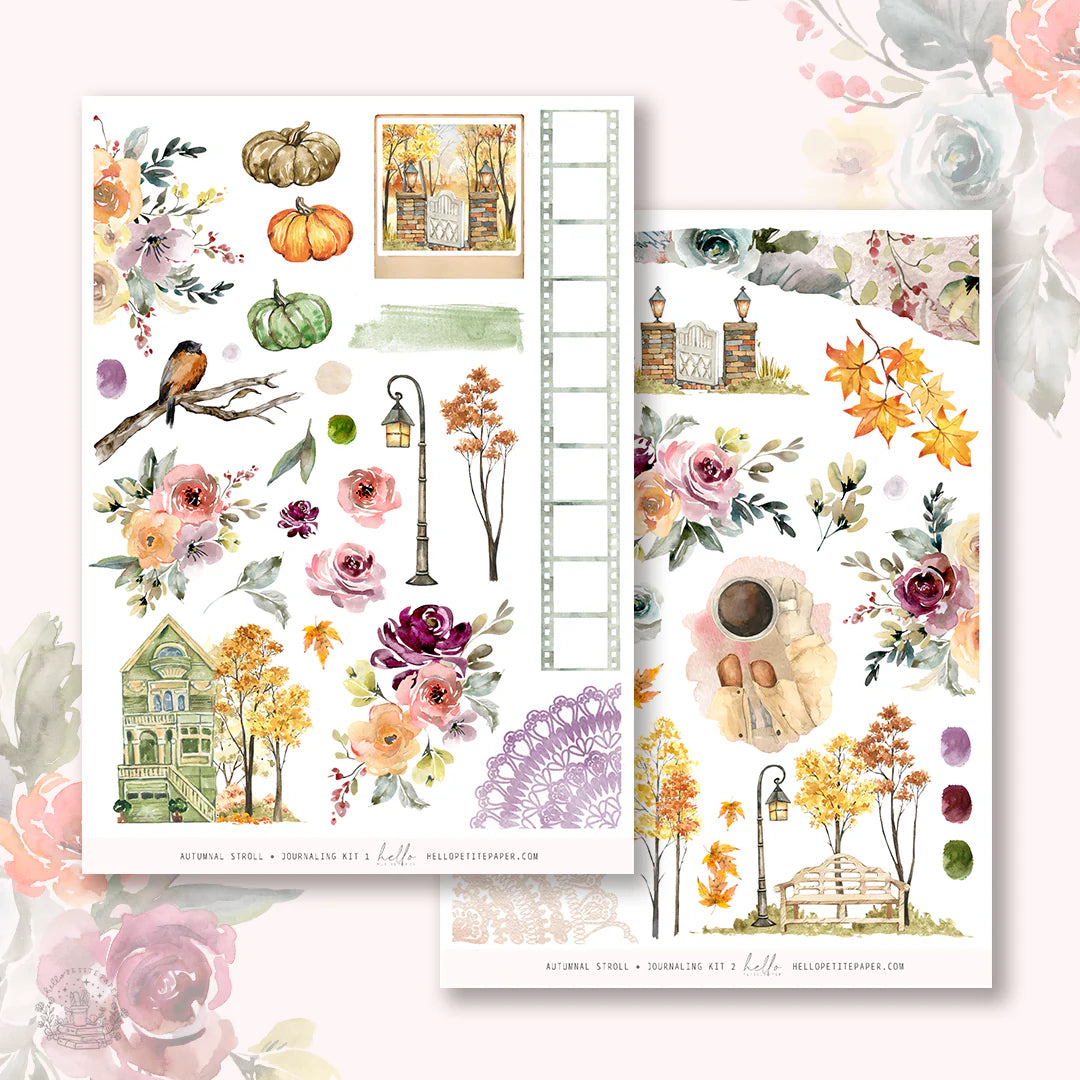 a collage of various autumn-themed elements, including pumpkins, flowers, leaves, and a bird. The collage is set against a pink background with floral elements.