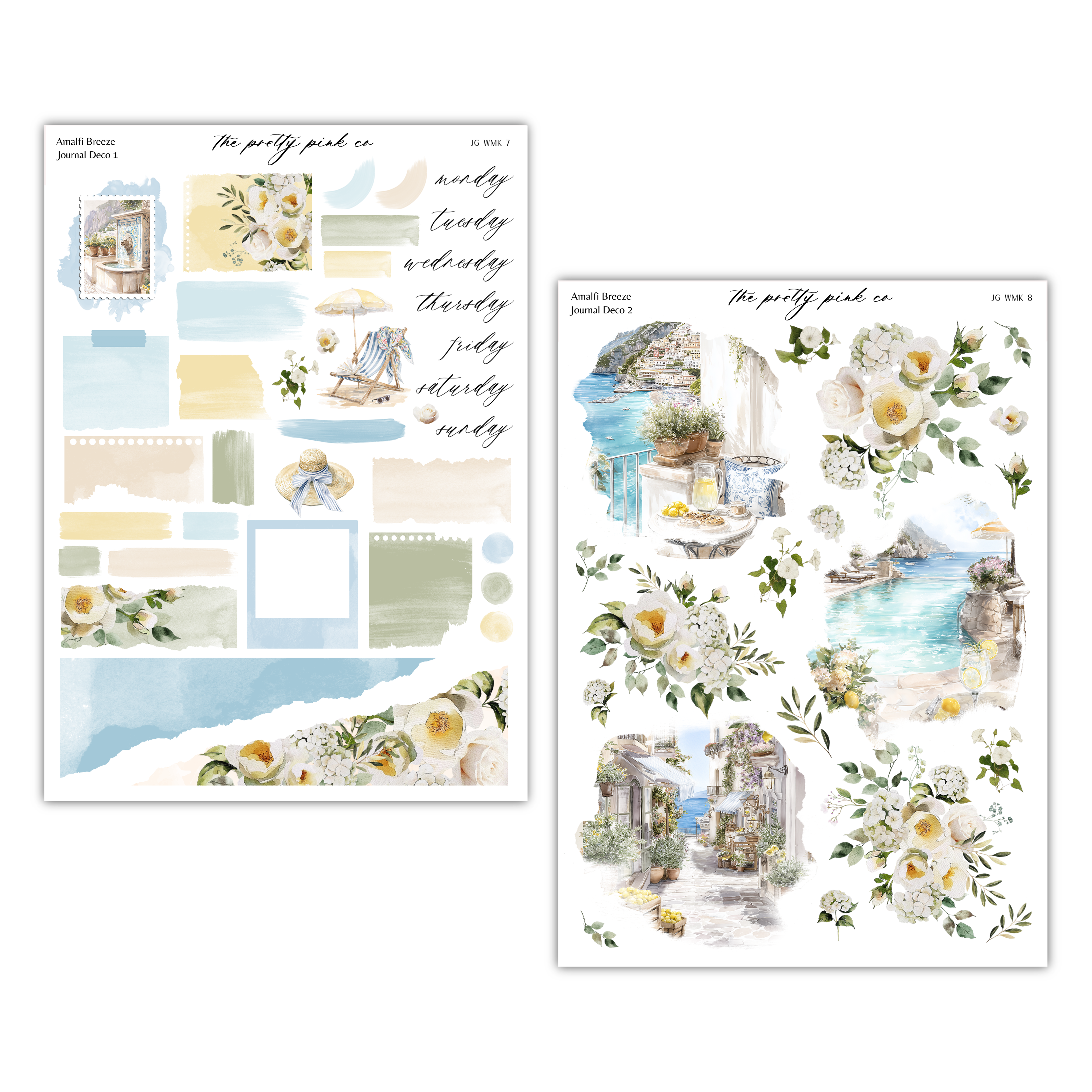 two separate sections with various floral and nature-themed elements, such as flowers, plants, and landscapes. The sections appear to be part of a larger collage or design project, with the text "The pretty pink co" and "Amalfi Breeze Journal Deco" visible, suggesting a connection to a specific theme or style.