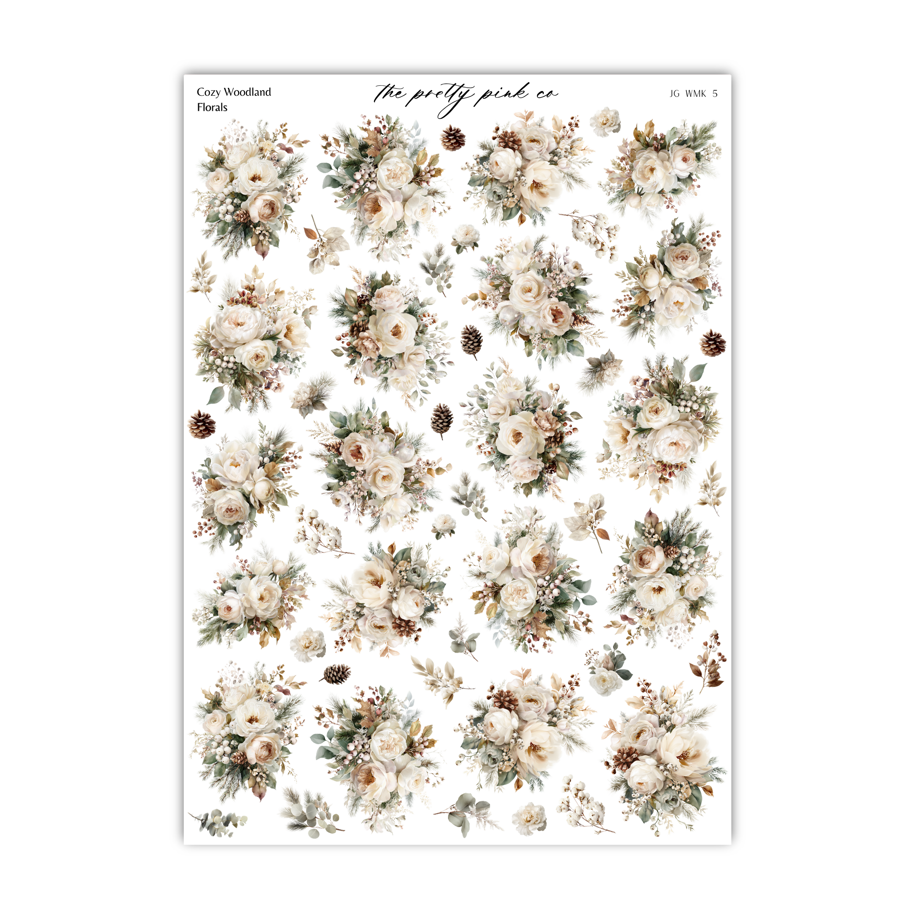 a collage of various floral and pine cone images arranged in a grid-like pattern.