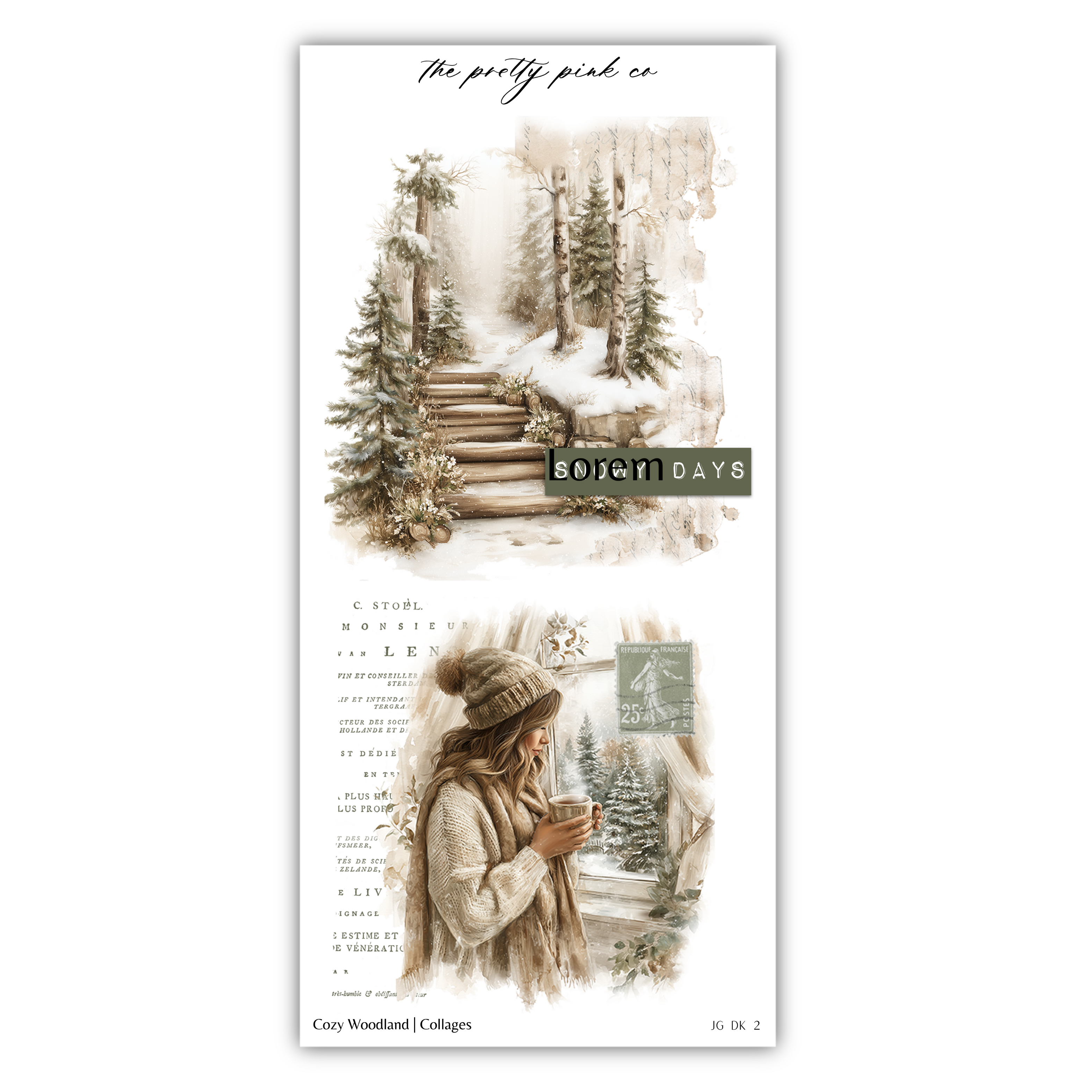 The image is a collage of two pictures. The top picture depicts a snowy forest scene with a woman in a hat and scarf standing in front of a window. The bottom picture shows a woman holding a cup of coffee and looking out the window.