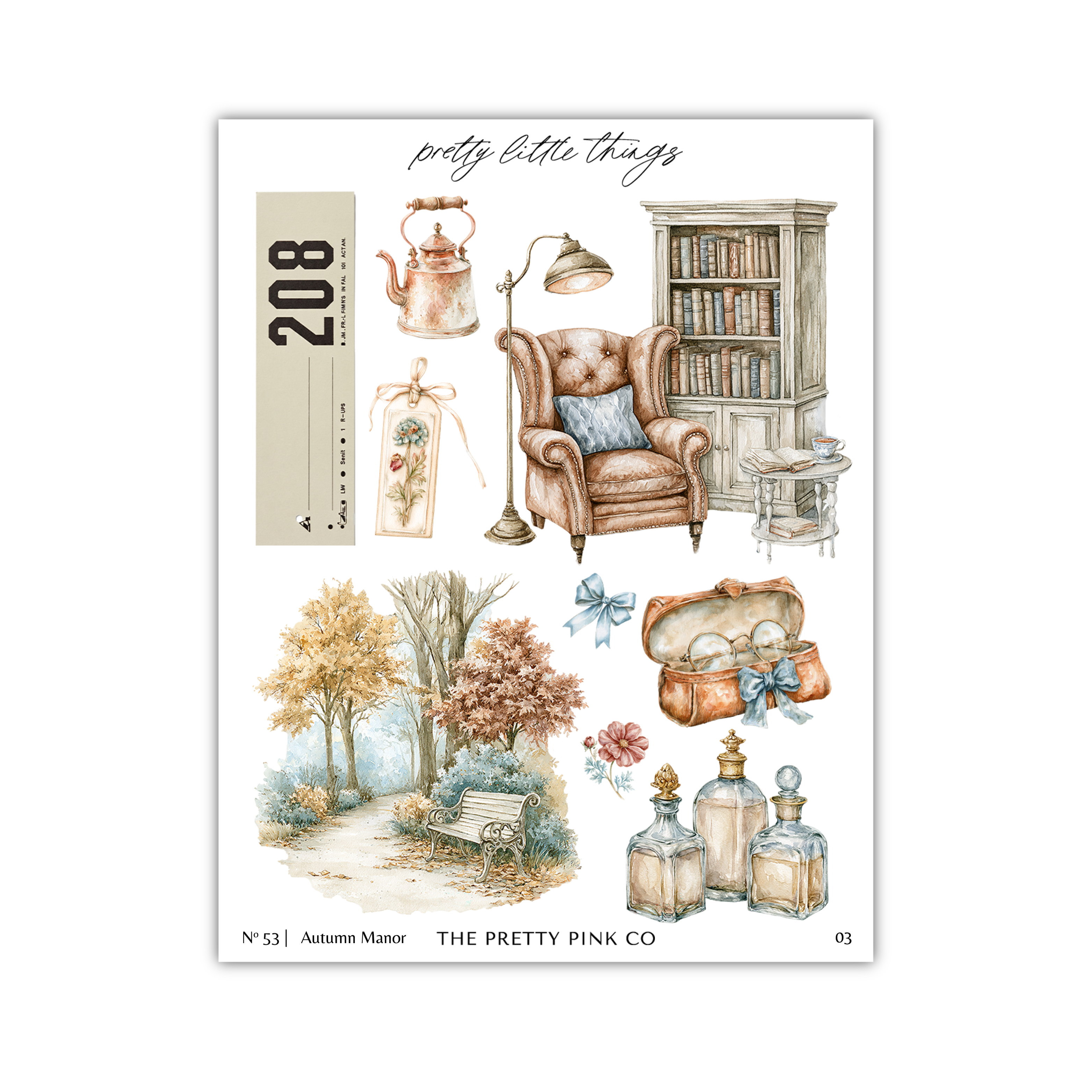 The image is a collage of various home decor items, including a bookshelf, a chair, a lamp, a vase, a bench, and a path leading to a tree. The collage is titled "pretty little things" and includes the text "N53 | Autumn Manor | The Pretty Pink Co."