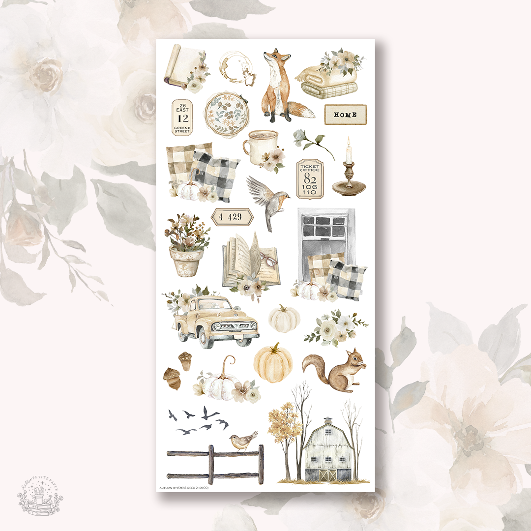 various fall-themed illustrations, including a fox, a barn, a truck, pumpkins, flowers, and other seasonal elements.