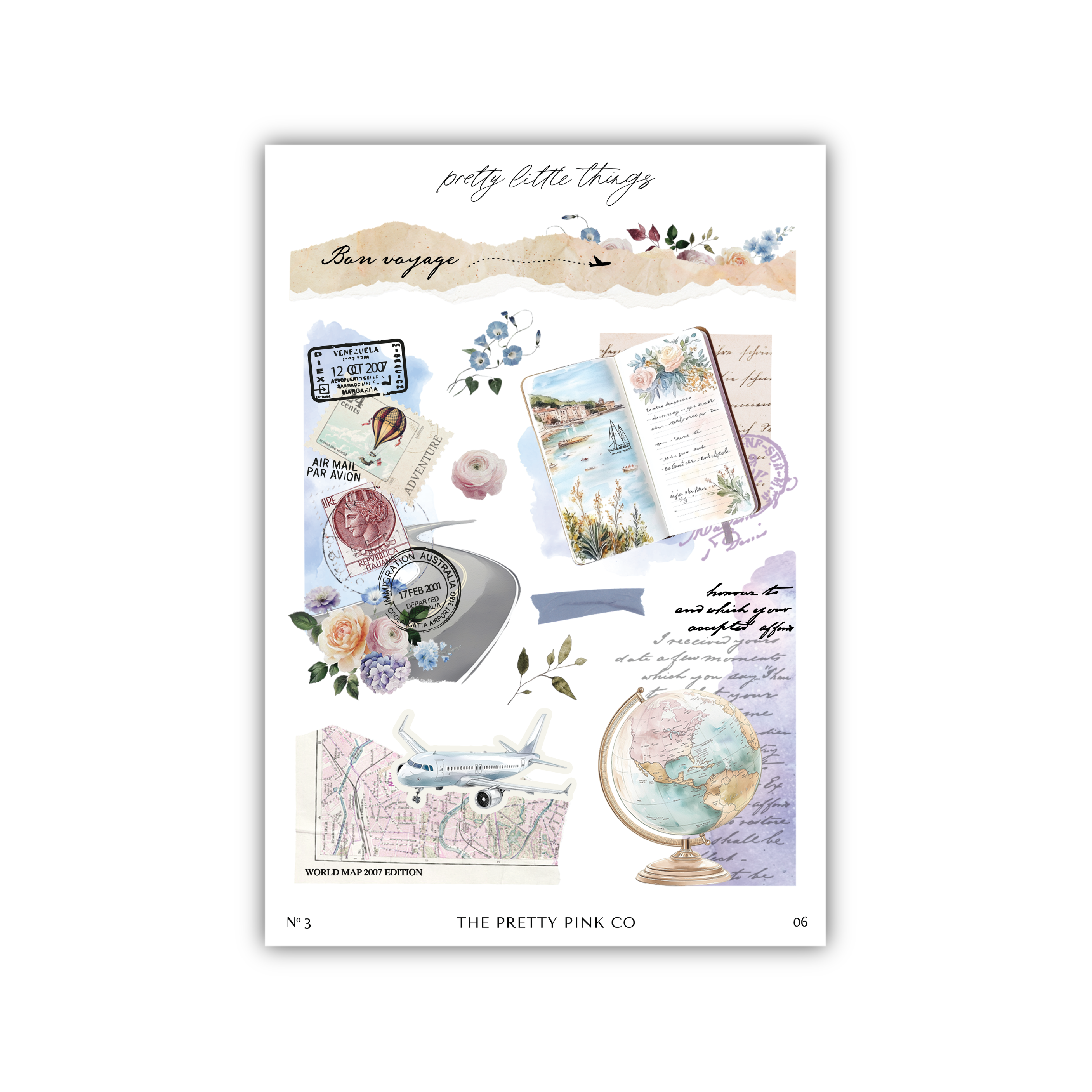 a sheet of stickers with a map and a globe