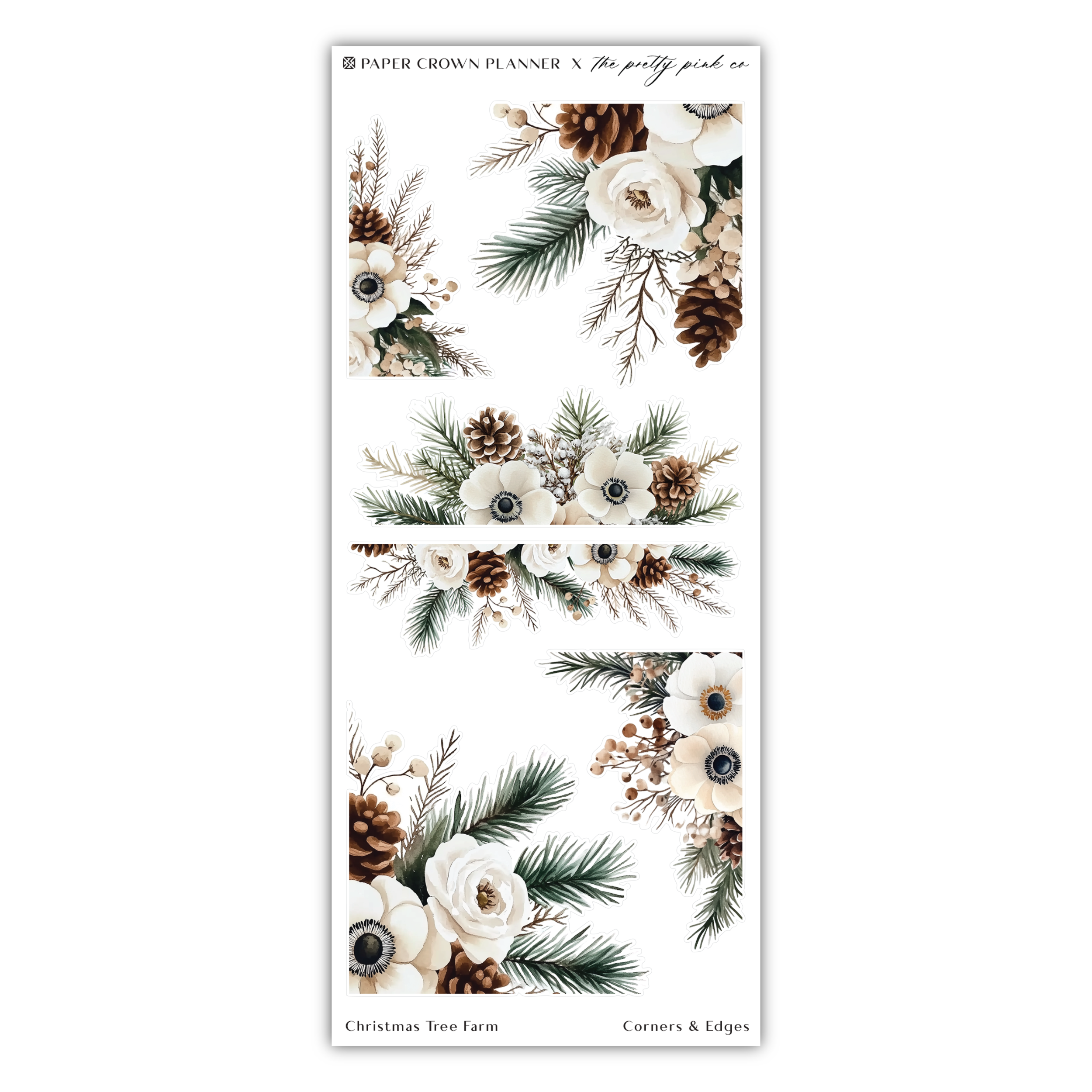 a sticker with white flowers and pine cones