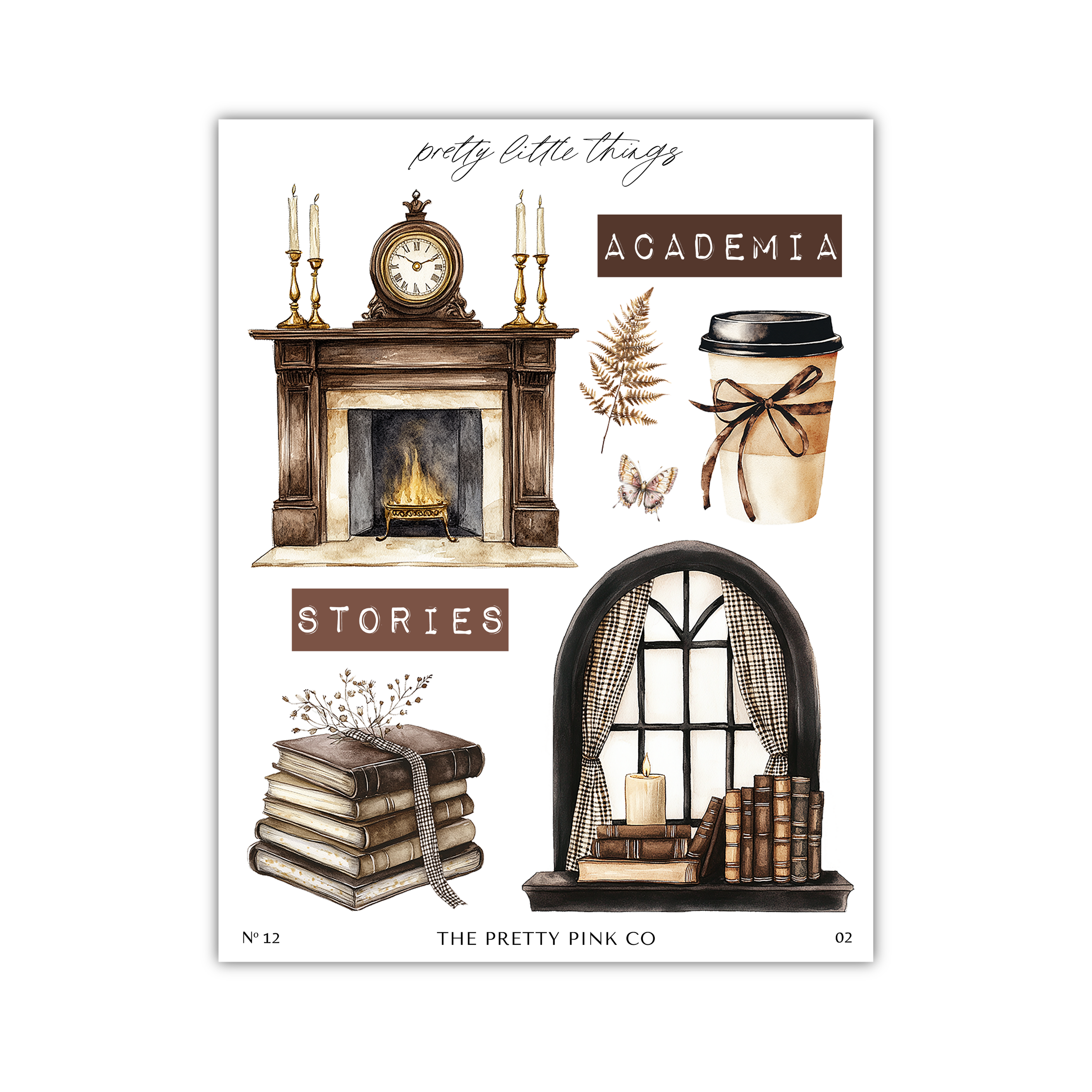 The image is a collage of various objects related to the theme of "Academia", including a fireplace, books, a coffee cup, and a window.