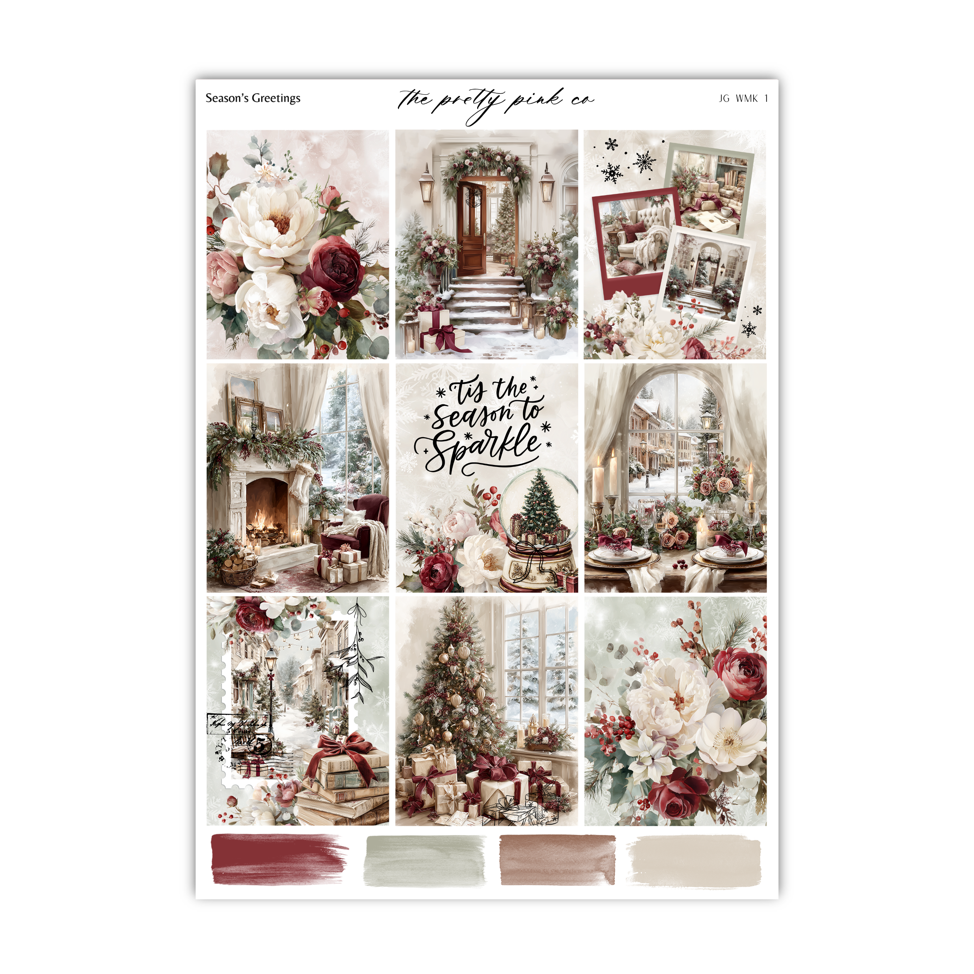 The image is a collage of various Christmas-themed images, including floral arrangements, holiday decorations, and a Christmas tree.