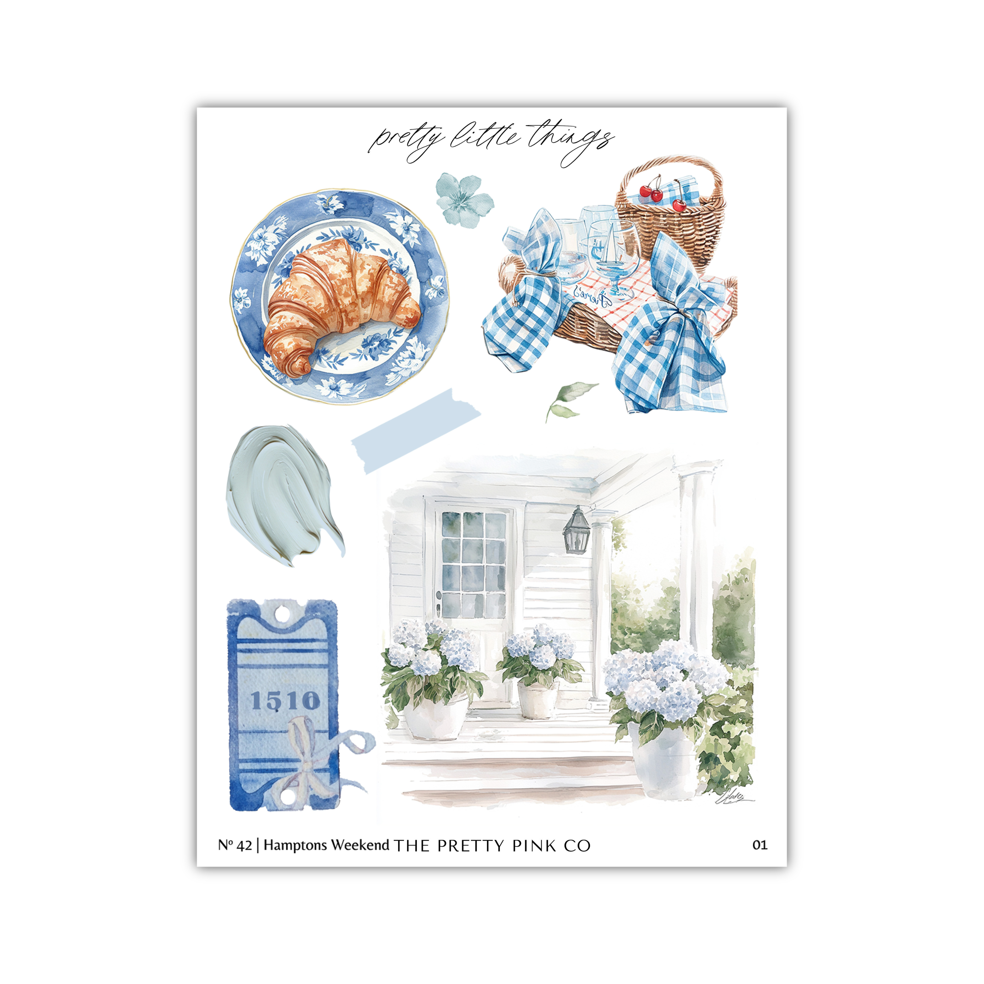 The image is a collage of various elements, including a croissant, a basket, a house, flowers, and a blue and white plate.