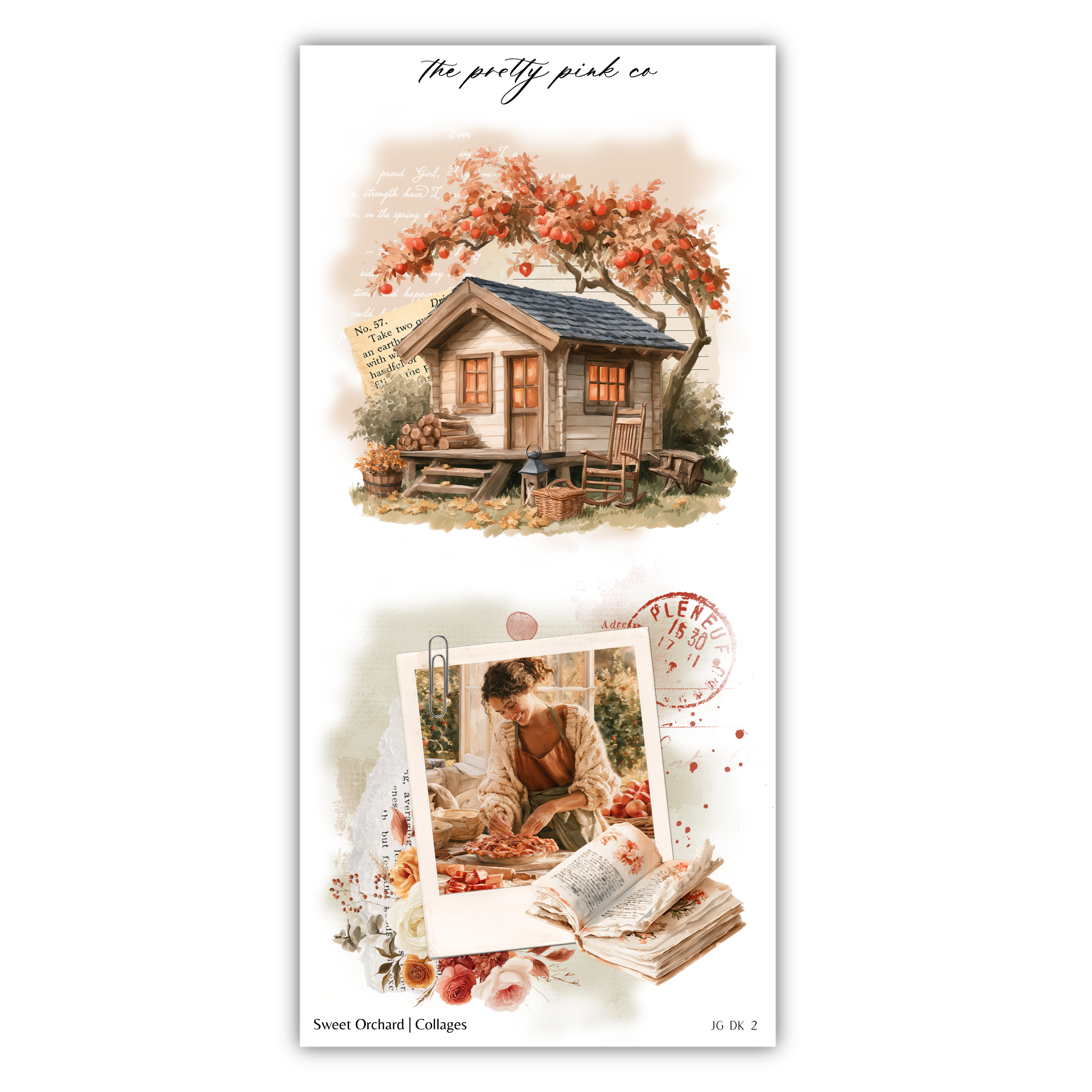 The image is a collage featuring a small cabin surrounded by a tree with orange leaves, a woman working in a garden, and a photograph of a woman reading a book.