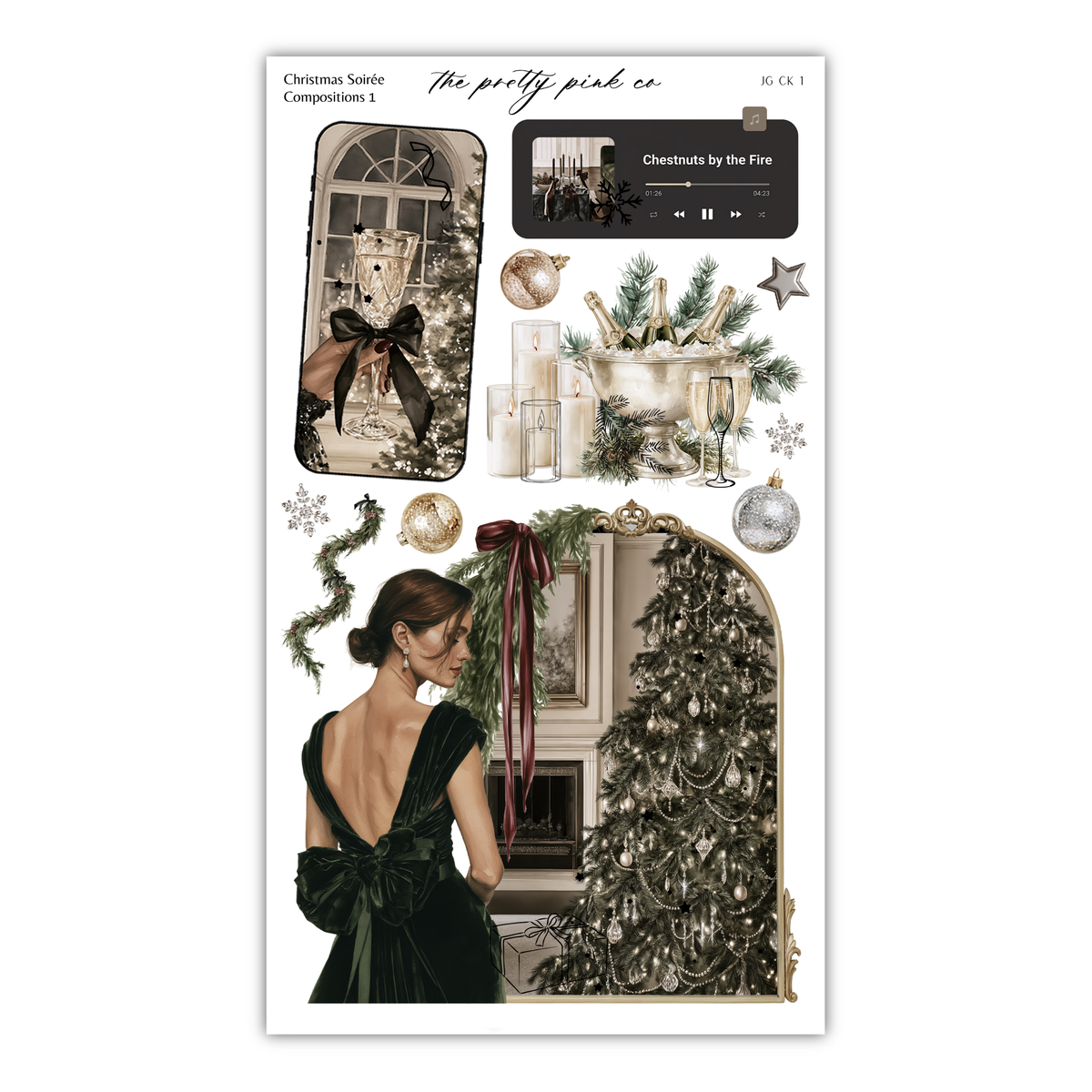 The image is a collage of various Christmas-themed elements, including a woman in a green dress, a Christmas tree, and other holiday decorations.