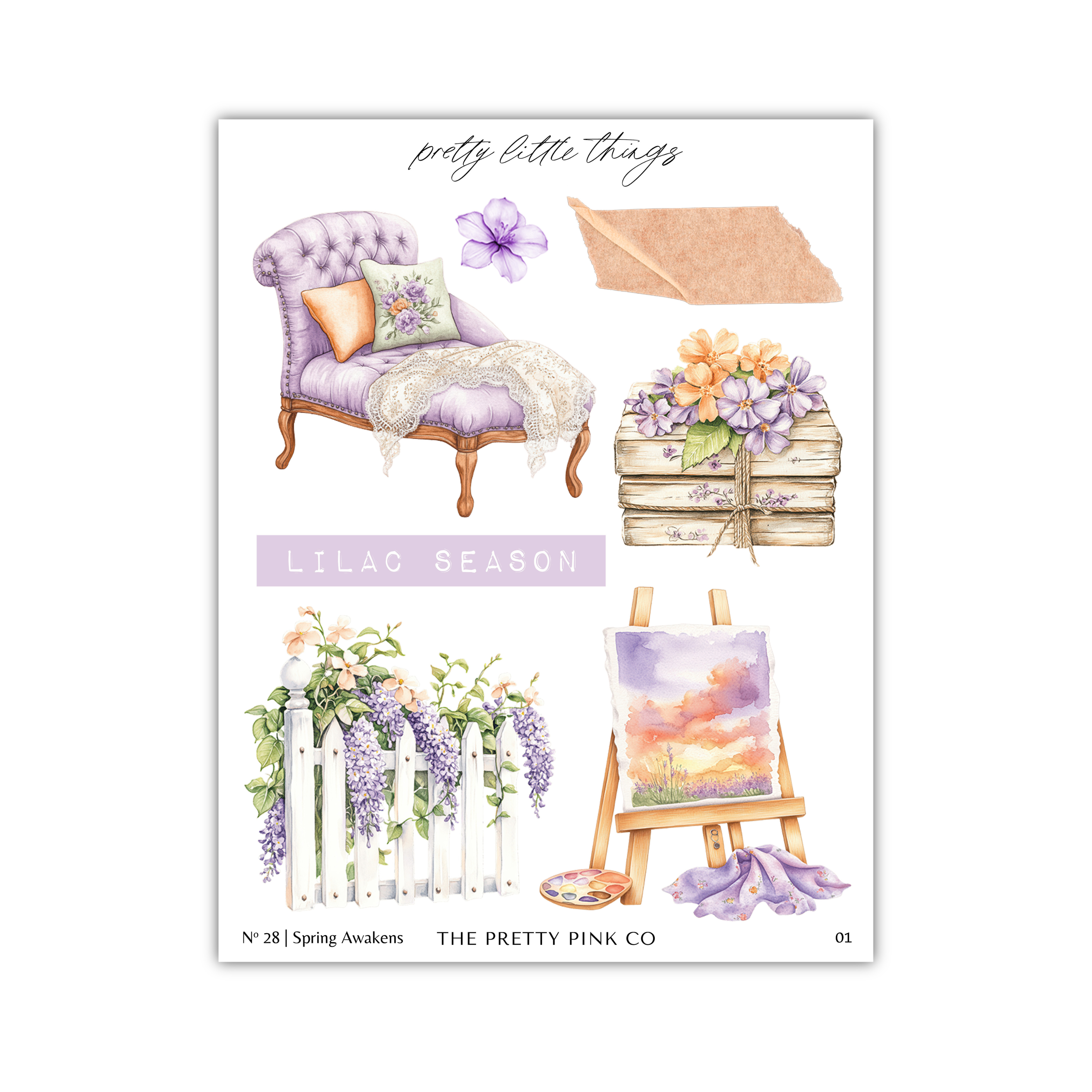 The image is a collage of various decorative items and scenes related to the "Lilac Season" theme, including a purple chair, a wooden crate with flowers, a painting, and a white fence with purple flowers.