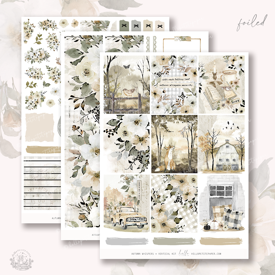 The image is a collage of various autumn-themed images, including a barn, trees, flowers, and a truck. The collage is set against a floral background, and the text "foiled" is visible, indicating that the image is a printed or printed-on item.