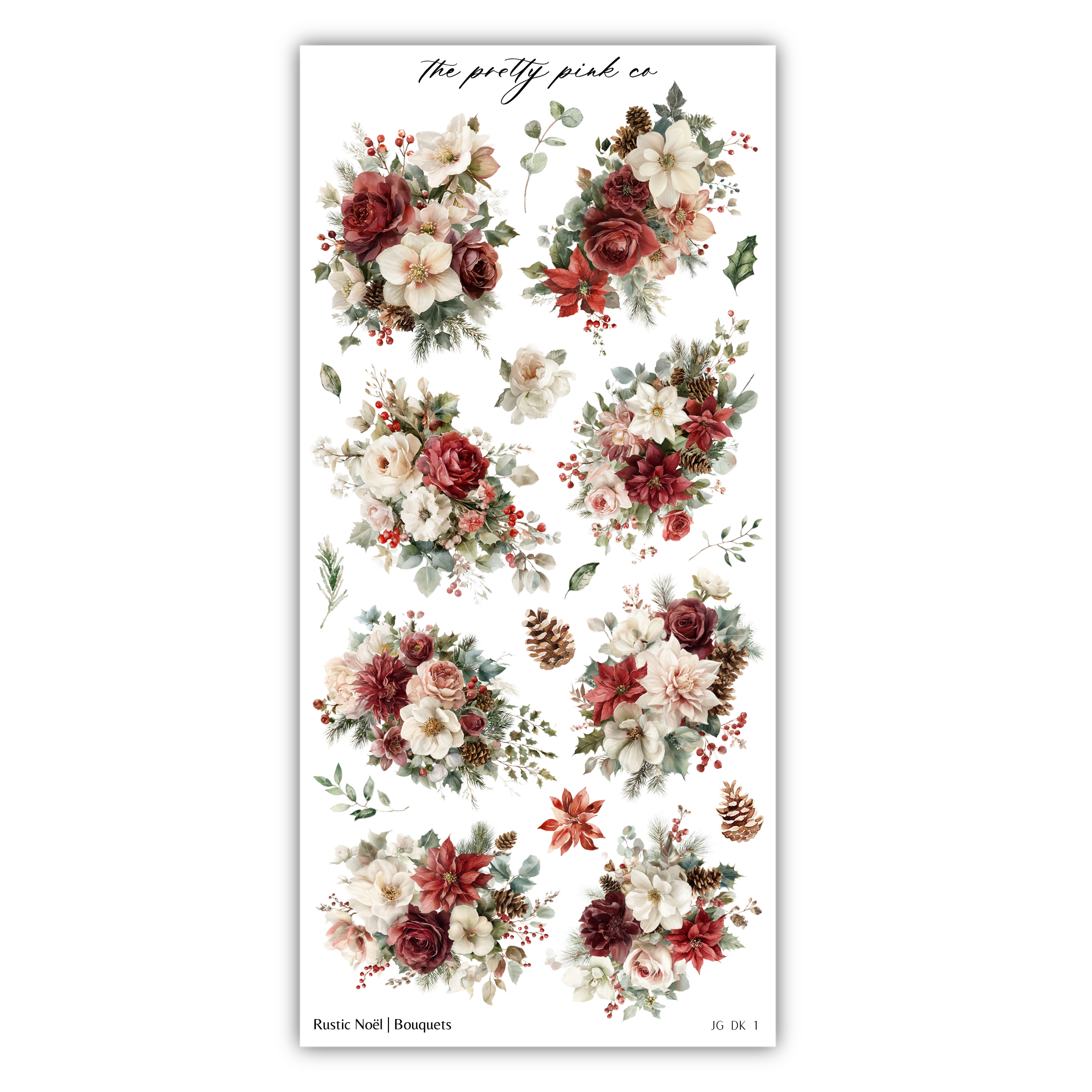 a collection of floral arrangements, including various types of flowers such as roses, poinsettias, and pine cones, as well as other decorative elements like leaves and berries. The arrangement appears to be a collage or a series of individual images showcasing different floral designs and styles.