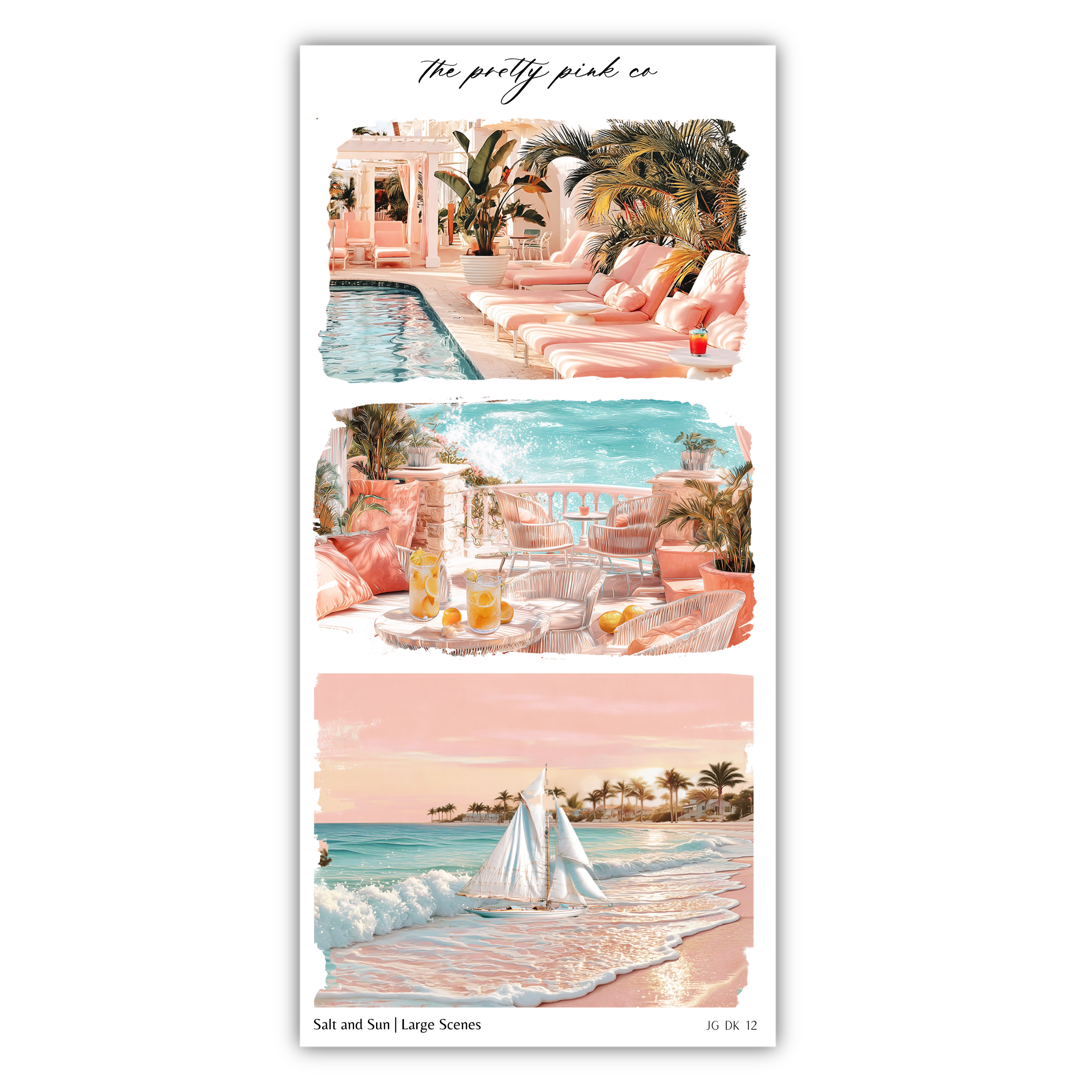 The image is a collage of three pictures depicting various beach and pool scenes, including a pink and white tropical resort, a pool with lounge chairs, and a sailboat on the water.