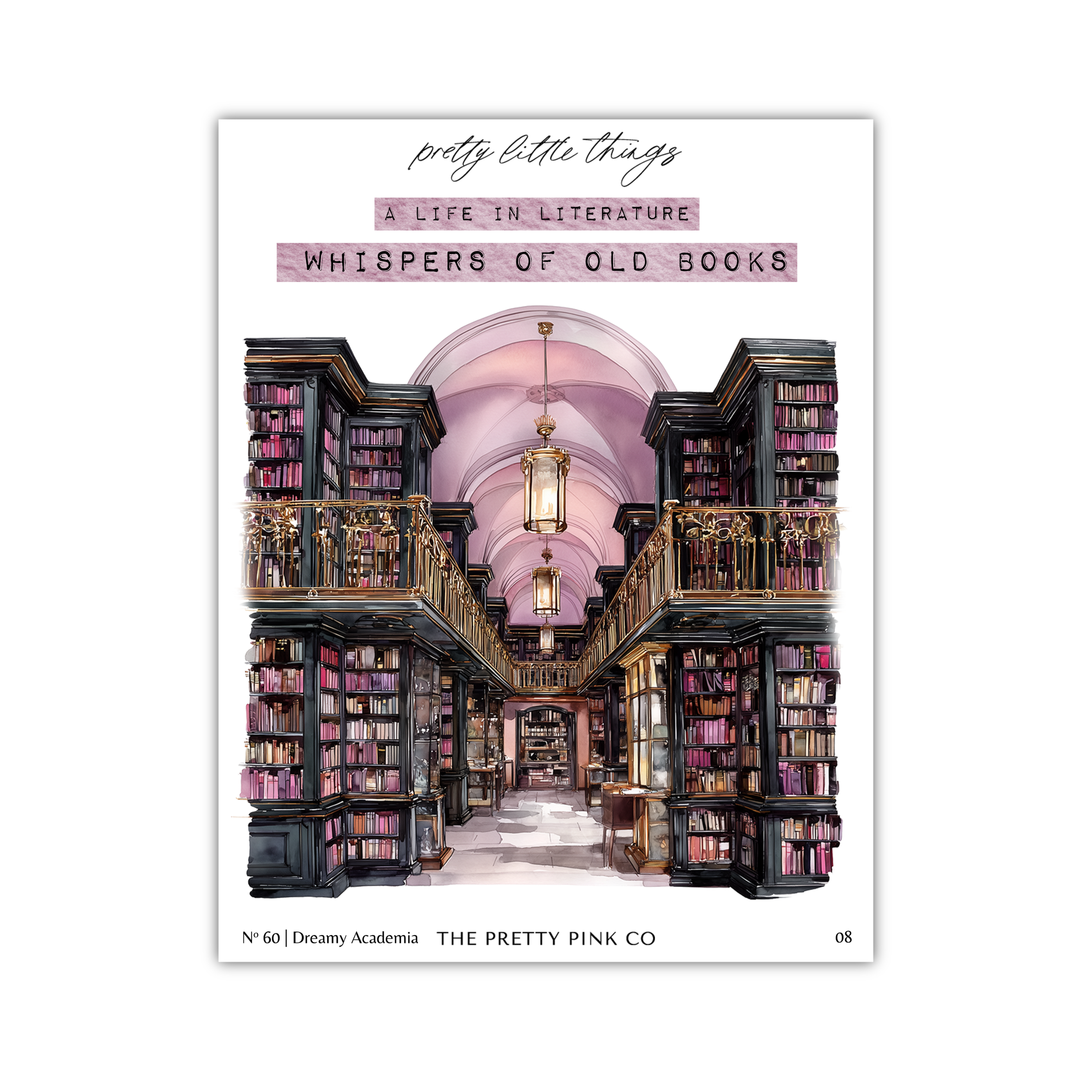 The image is a poster for "Whispers of Old Books" by The Pretty Pink Co. It features an illustration of a grand library with high ceilings, ornate chandeliers, and rows of bookshelves filled with books.