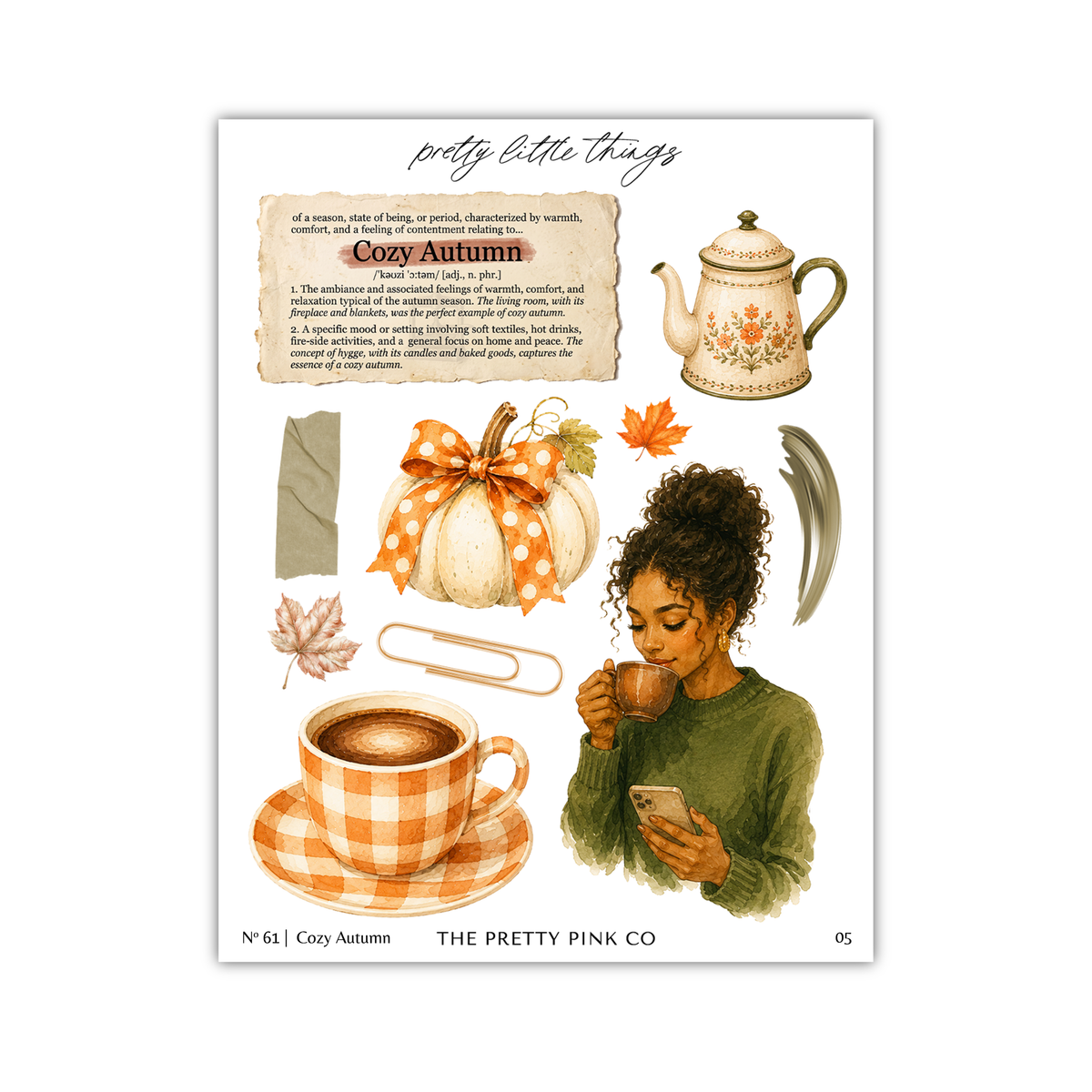 The image is a collage of various autumn-themed items, including a teapot, a pumpkin, a cup of coffee, a woman, and other seasonal objects.