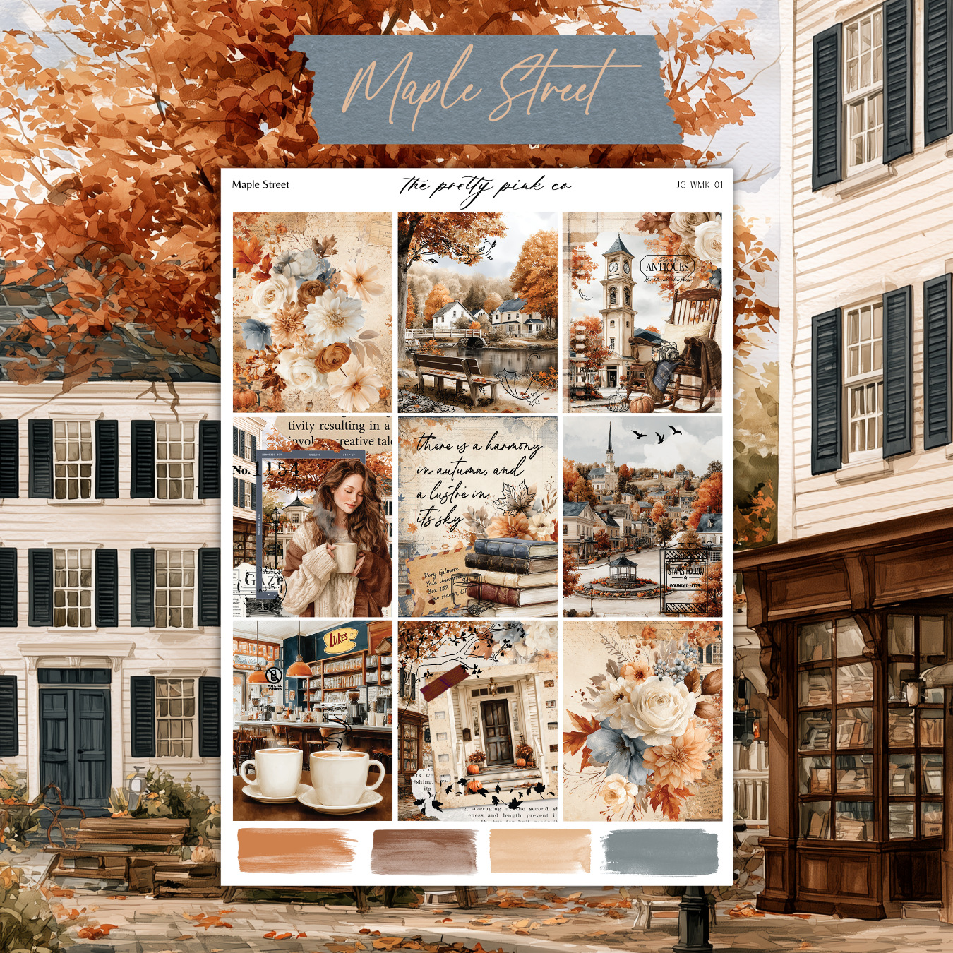 The image is a collage of various autumn-themed scenes, including a woman sitting on a bench, a bookshop, a tree with orange leaves, and other autumnal elements.