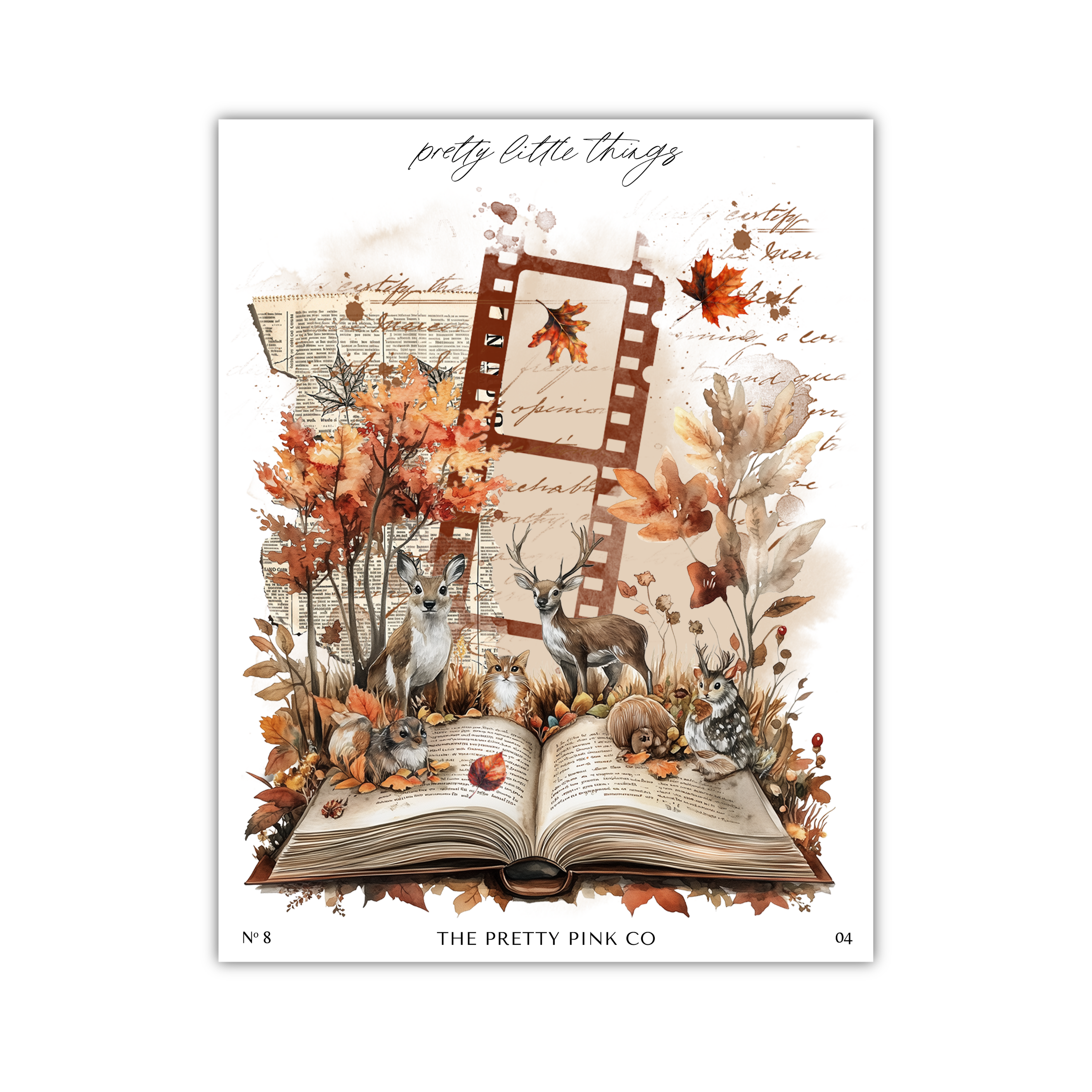 The image is a collage featuring a book with animals, including deer, squirrels, and birds, surrounded by autumn foliage and leaves.