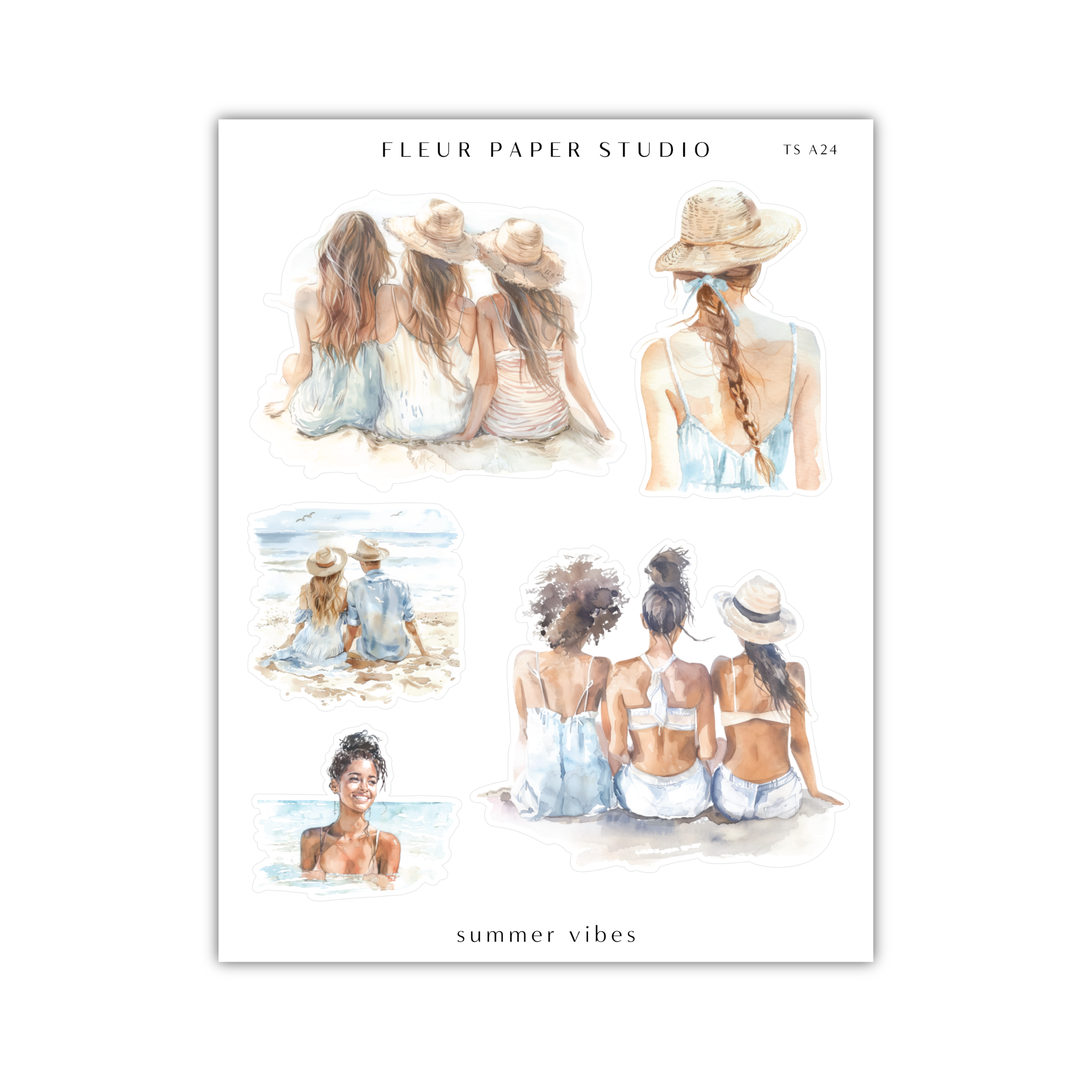 a watercolor painting of four women sitting on the beach