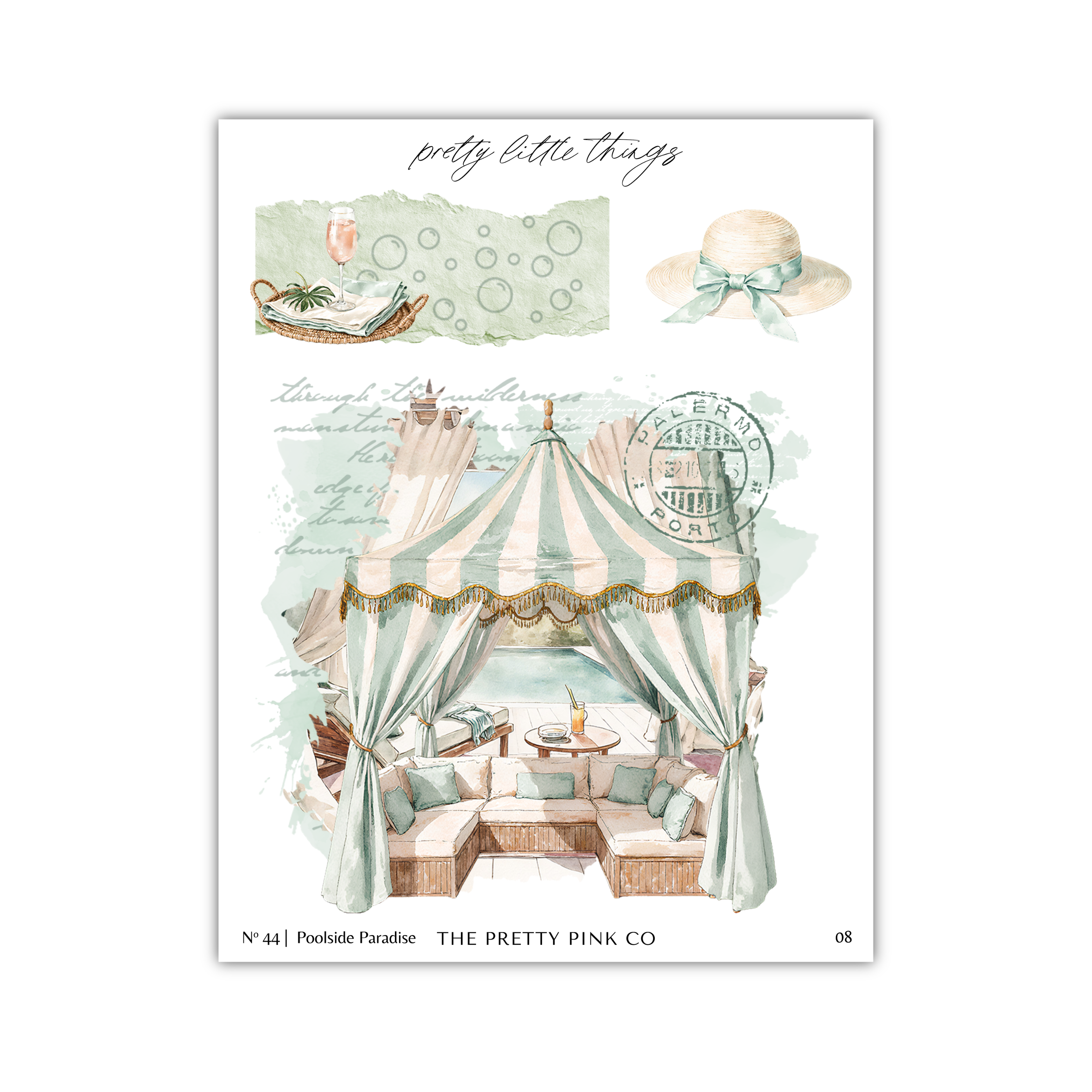 The image is a collage of various elements, including a hat, a tent, a table, and a chair, all set against a watercolor background.