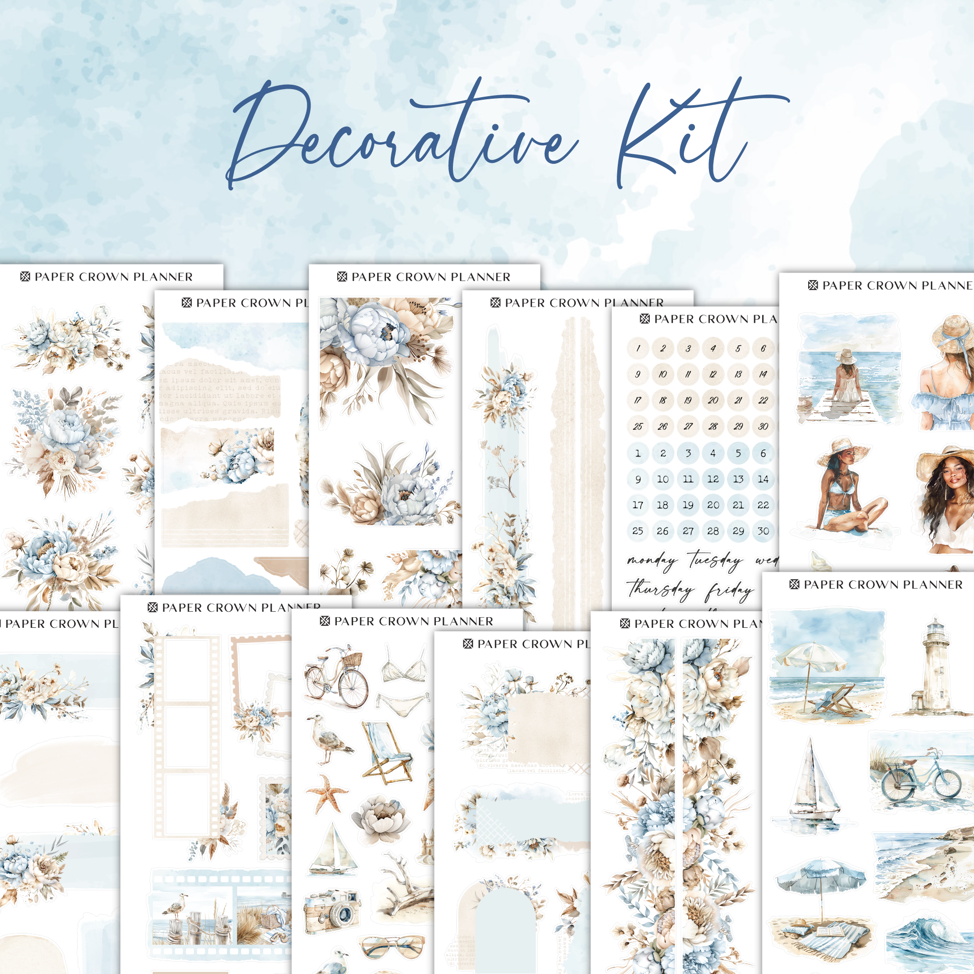 a collection of decorative kits with a blue background