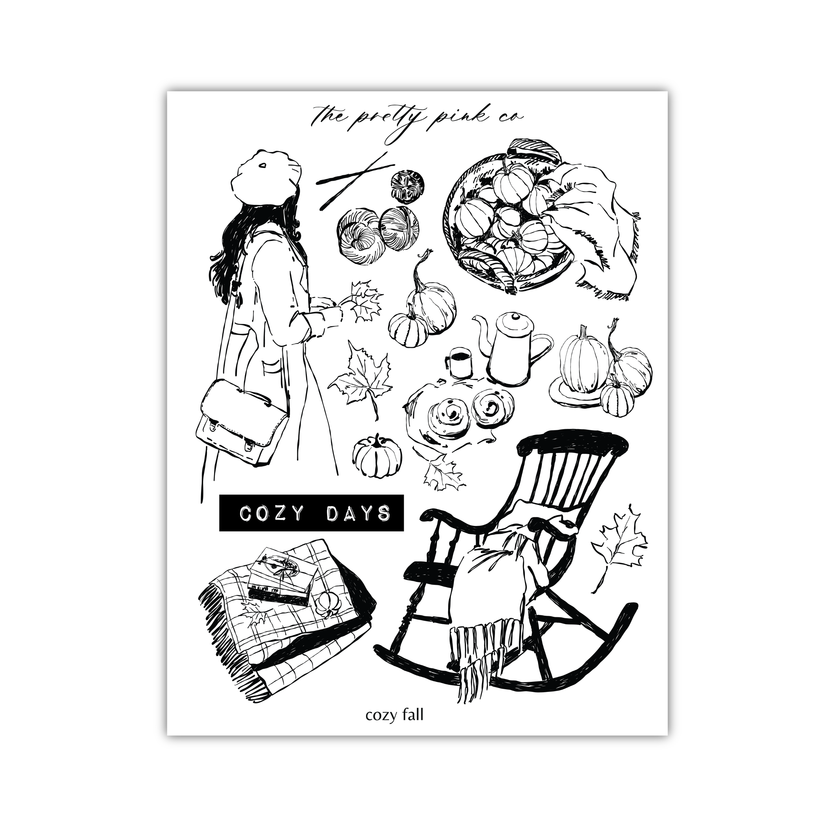 The image is a black and white illustration featuring various fall-themed objects and a woman in a hat.