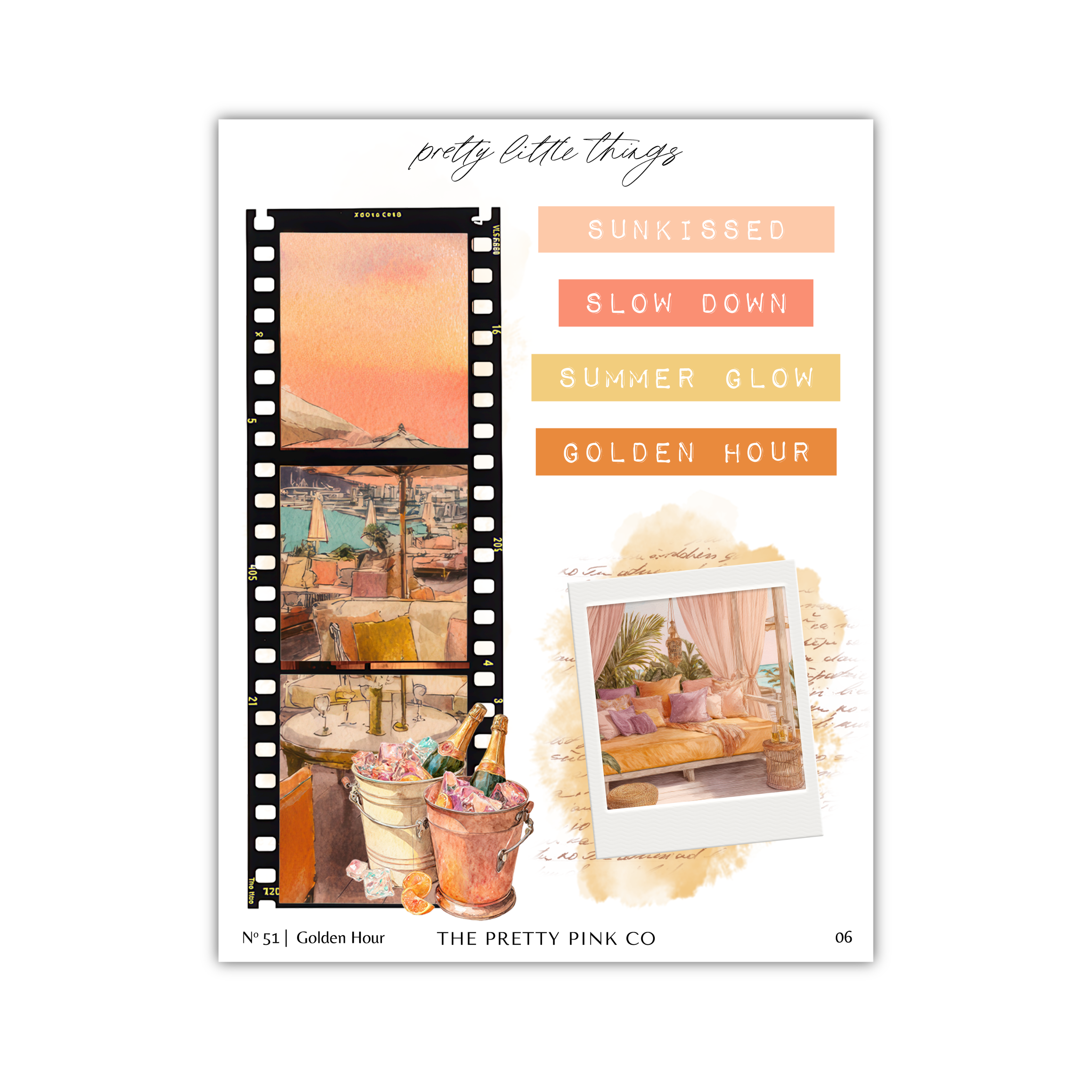 The image is a collage featuring various summer-themed elements, including a film strip, a photograph of a beach scene, and a photograph of a beach chair. The collage is titled "pretty little things" and includes text such as "SUNKISSED", "SLOW DOWN", "SUMMER GLOW", and "GOLDEN HOUR".