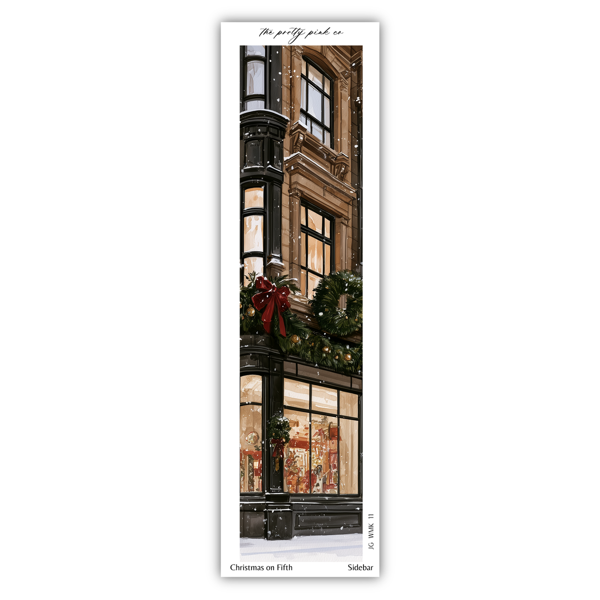 A tall, narrow building with a Christmas wreath and red bow on the front, surrounded by snow.