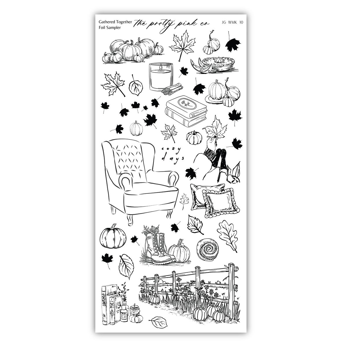 various fall-themed illustrations, including pumpkins, leaves, a chair, and other seasonal objects.