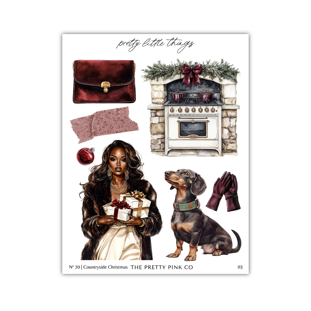 The image is a collage of various Christmas-themed items, including a woman holding presents, a dog, a handbag, and a fireplace.