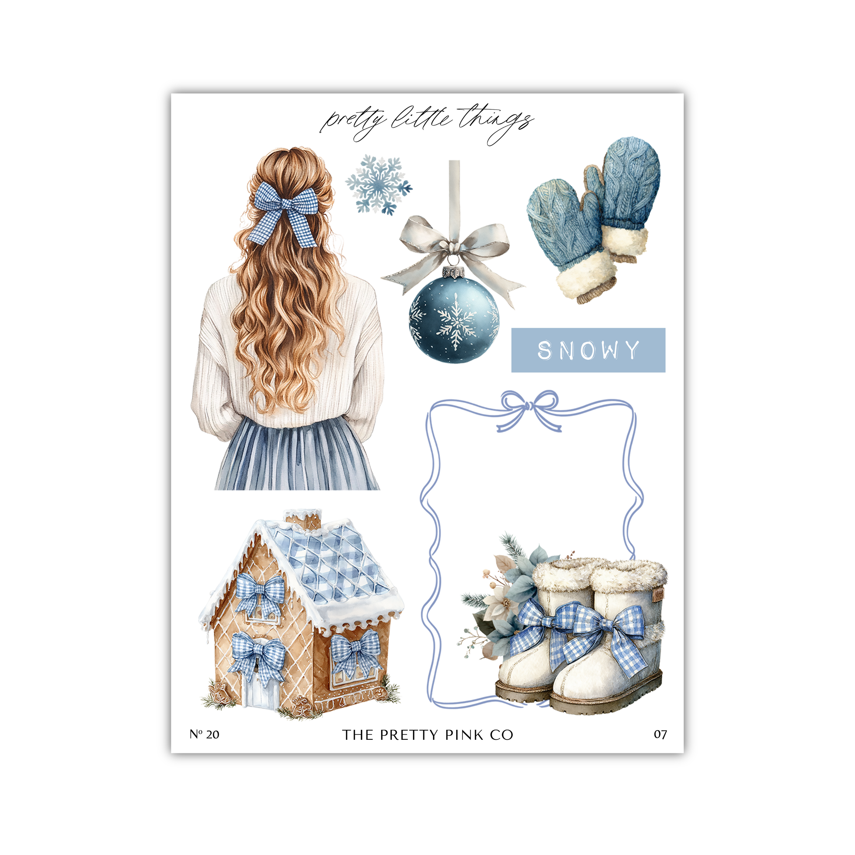 The image is a collage of various winter-themed elements, including a woman with long, curly hair, a snowflake, a Christmas ornament, a pair of snow boots, a gingerbread house, and a snowman.