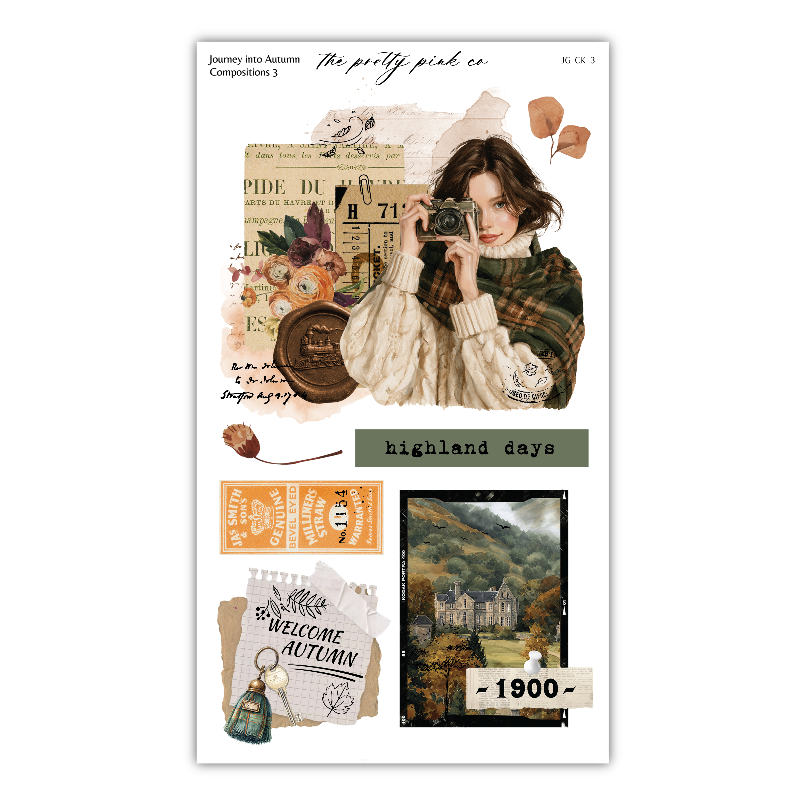 The image is a collage of various autumn-themed elements, including a woman taking a photograph, a castle, flowers, and a sign that says "Welcome Autumn".