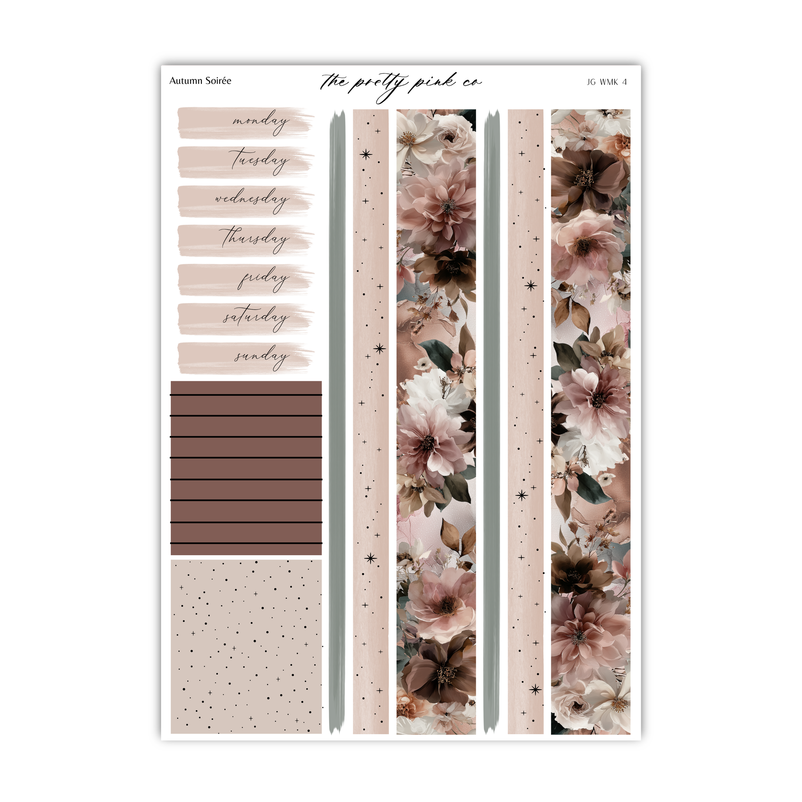 The image is a scrapbook page featuring a floral pattern, a brown and white striped pattern, and a text box with a floral pattern.