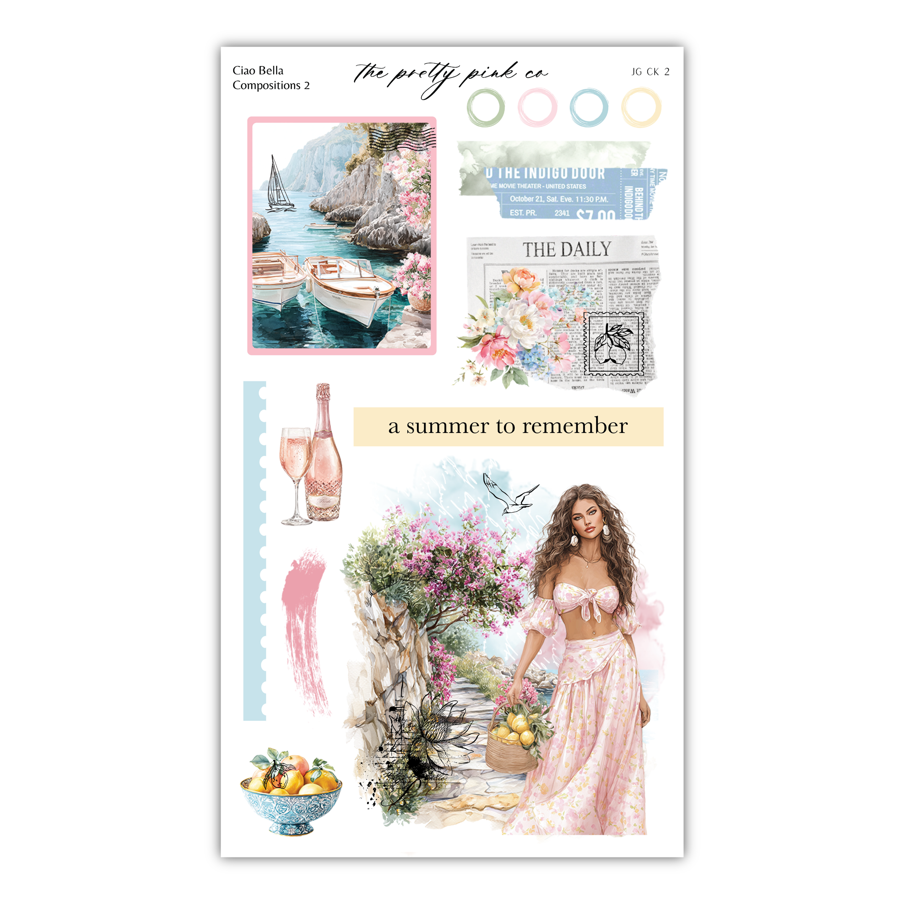 The image is a collage of various elements, including a woman in a pink dress, a seascape, floral elements, and a bottle of wine.