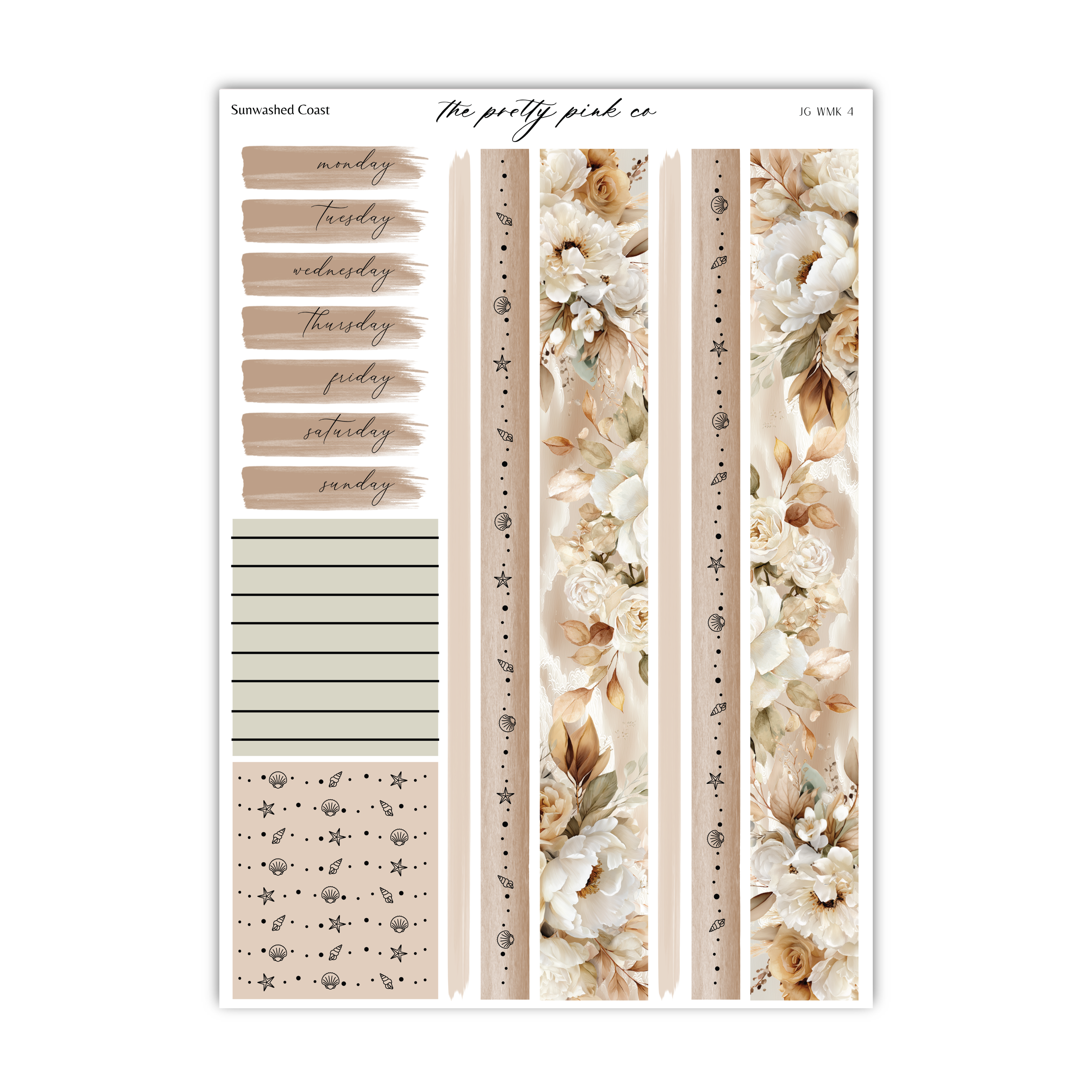 The image is a printed page with various elements, including a floral pattern, a calendar, and some decorative elements. The page appears to be a scrapbook or a printed layout with a floral design and a calendar-like structure.