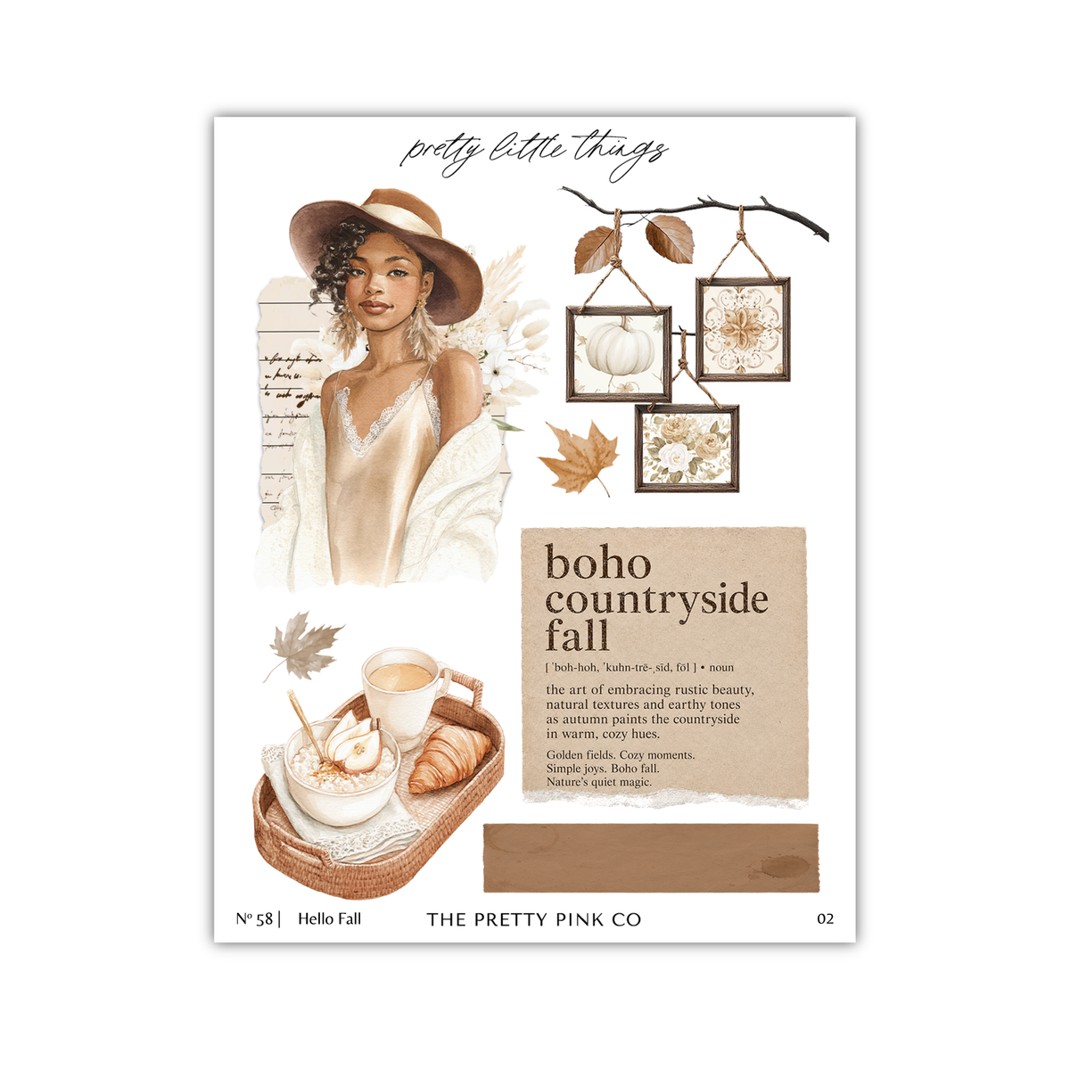 The image is a collage featuring a woman in a hat, a basket of pastries, and various autumn-themed elements such as leaves, pumpkins, and a cup of coffee.