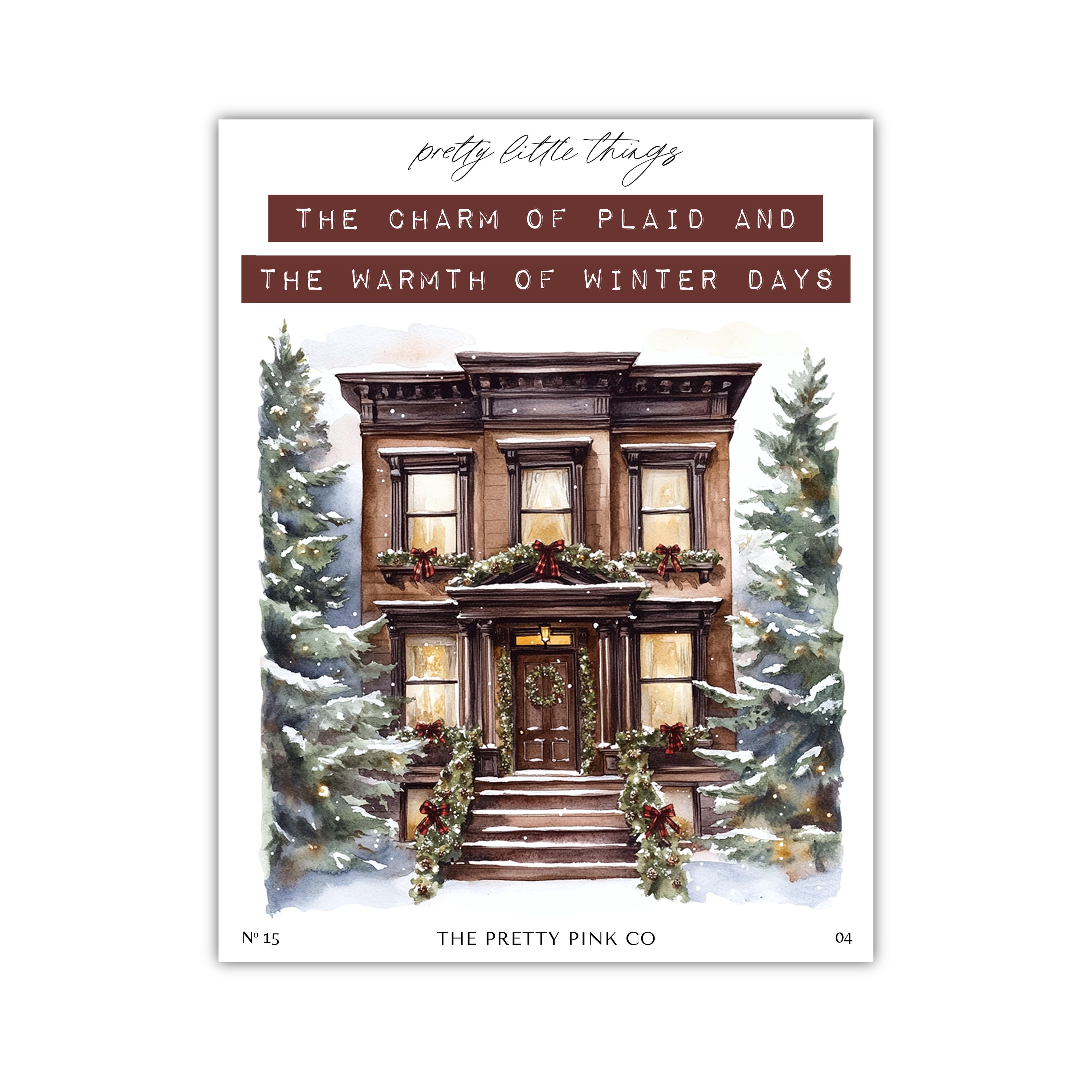 a two-story house with a porch, decorated with Christmas wreaths and lights, surrounded by snow-covered trees.