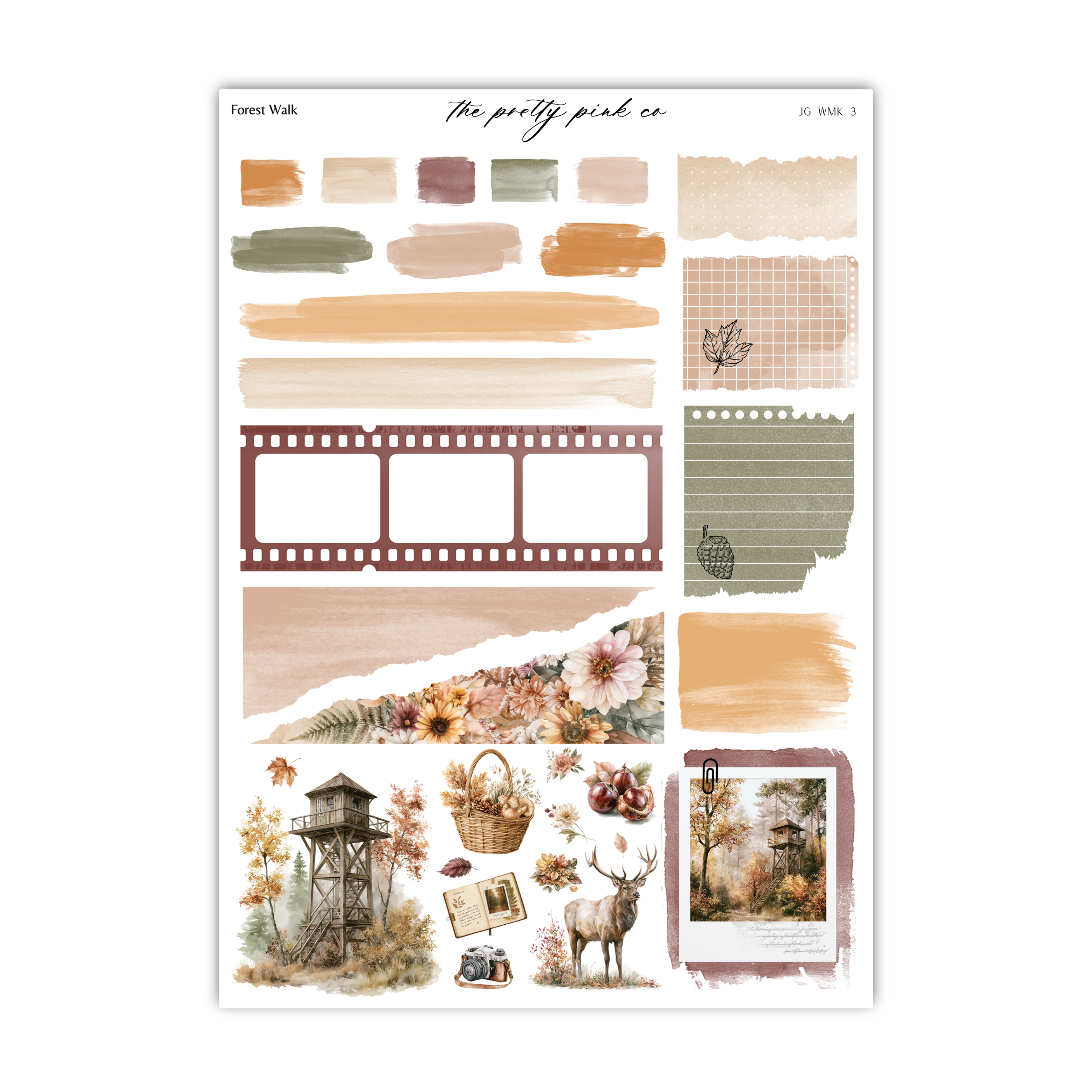 The image is a collage of various autumn-themed elements, including a forest scene, a film strip, a basket of flowers, a deer, and a tree.