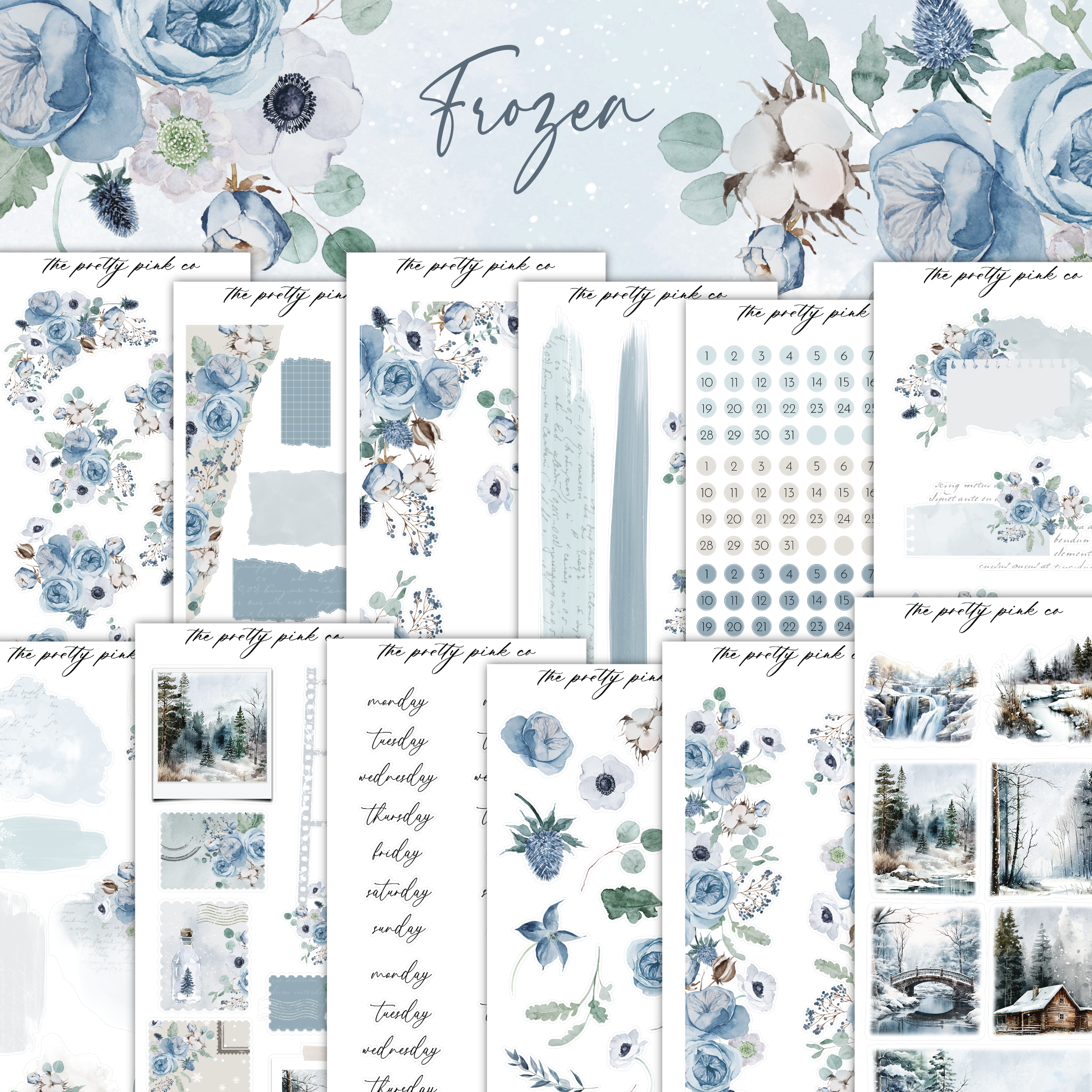 a collection of blue and white paper with flowers