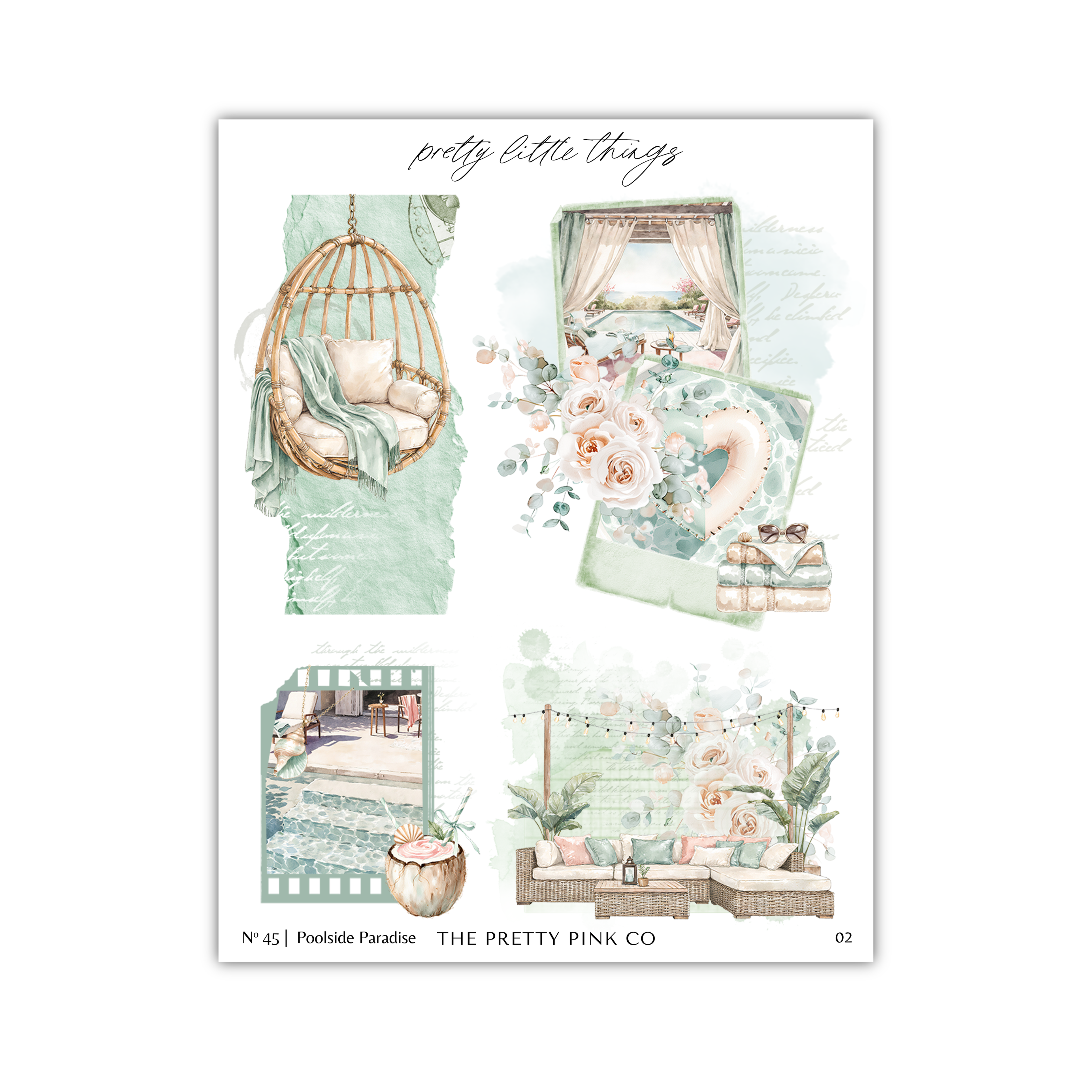 The image is a collage of four different scenes, each depicting a different aspect of a relaxing and aesthetically pleasing environment. The collage includes a hanging basket, a floral arrangement, a seating area, and a potted plant. The text "pretty little things" is written above the collage, suggesting that these elements contribute to the overall ambiance and atmosphere of the space.