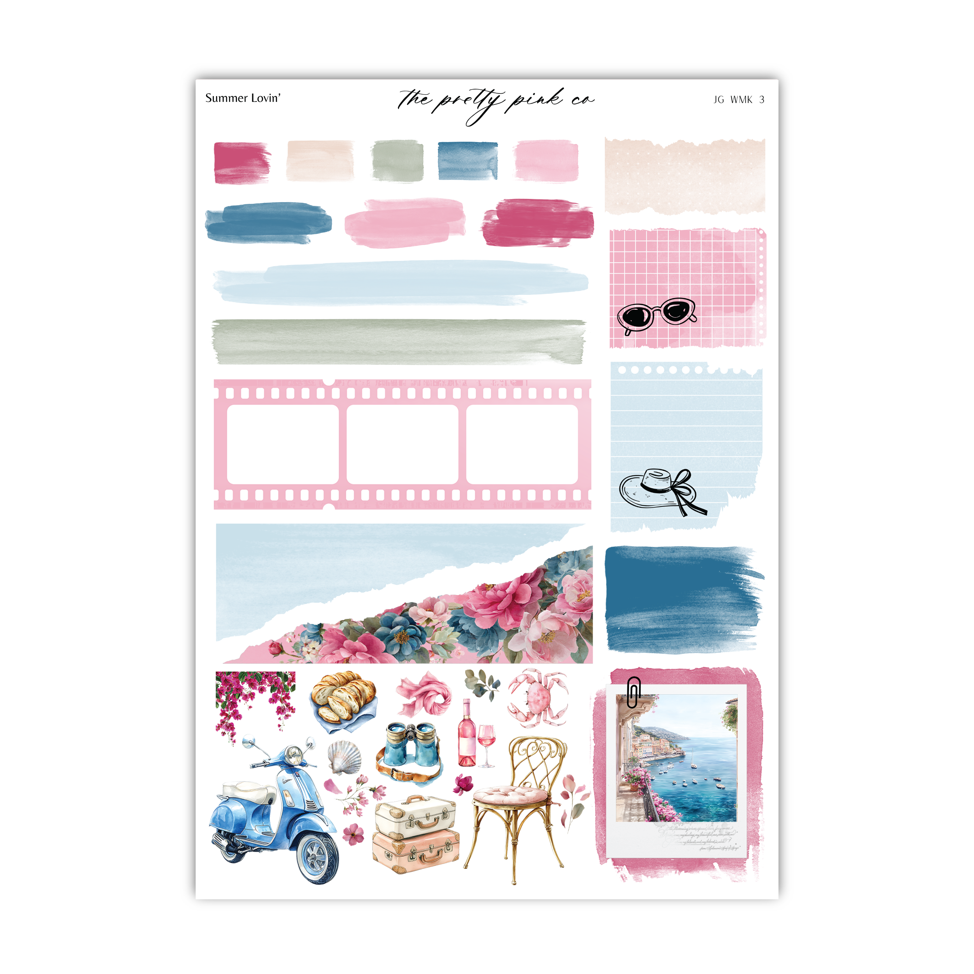 The image is a collage of various summer-themed elements, including a scooter, sunglasses, flowers, and a beach scene.