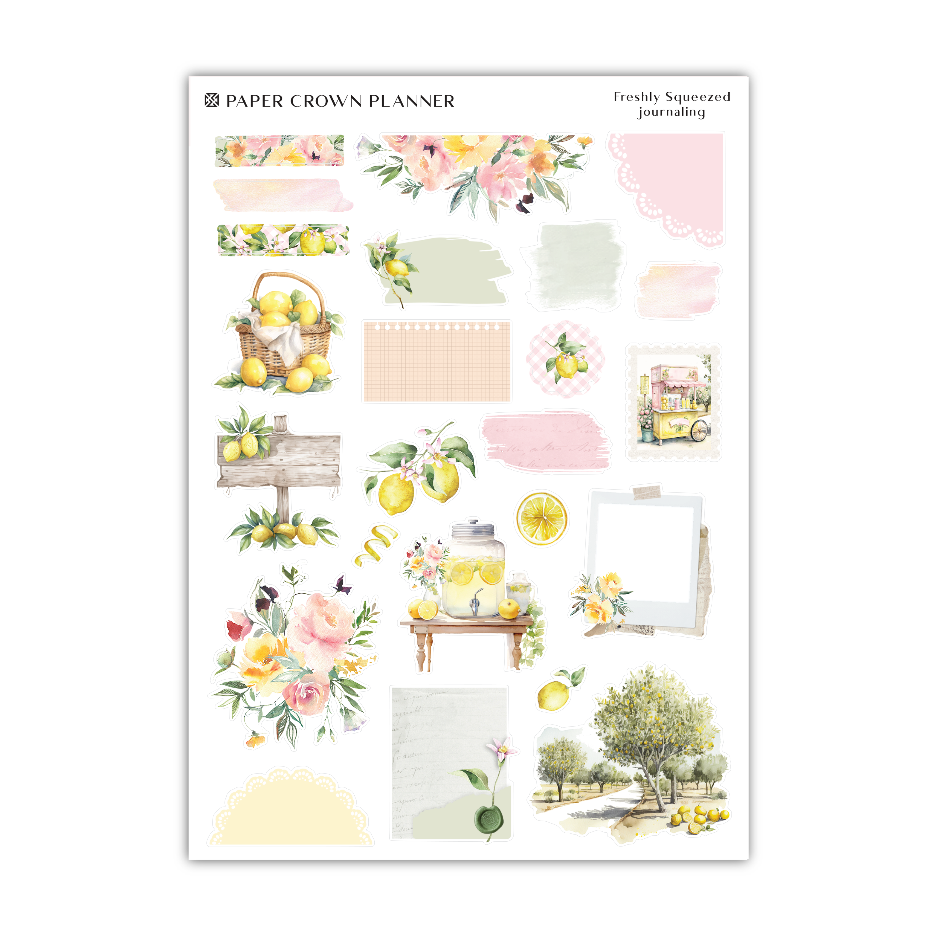 a sticker sheet with flowers and lemons