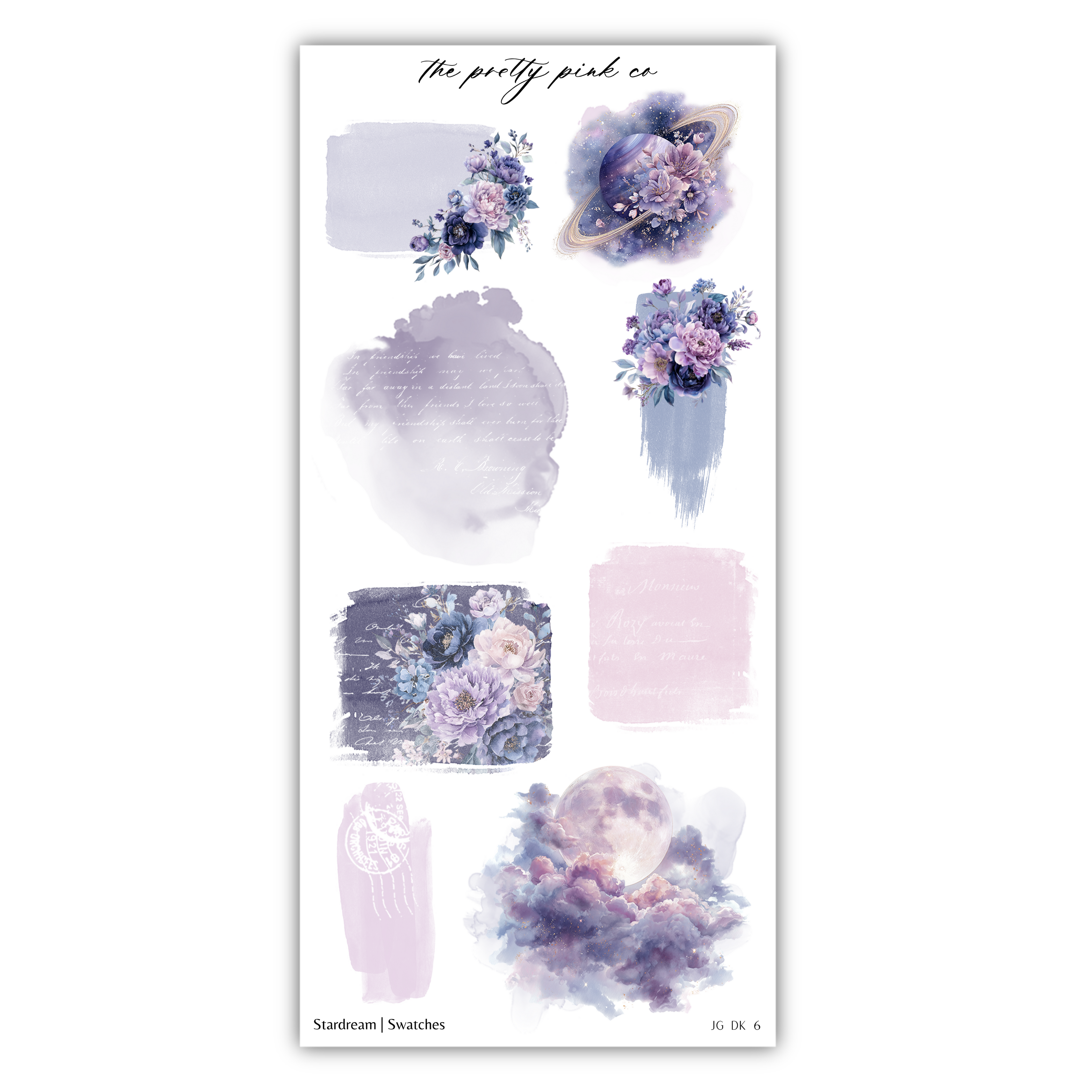 various artistic elements, including floral designs, abstract shapes, and celestial motifs, all rendered in a color palette of purple, pink, and blue.