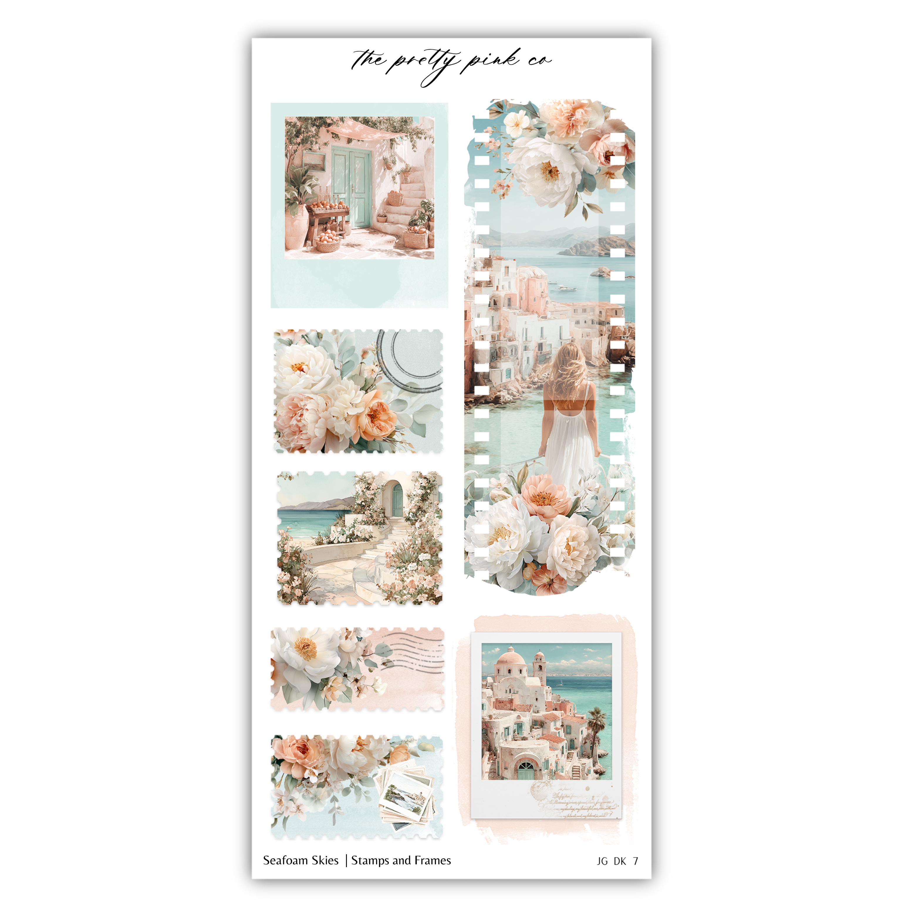 The image is a collage of various images, including a woman in a white dress, a woman in a pink dress, and a woman in a white dress. The collage also features images of flowers, buildings, and water.
