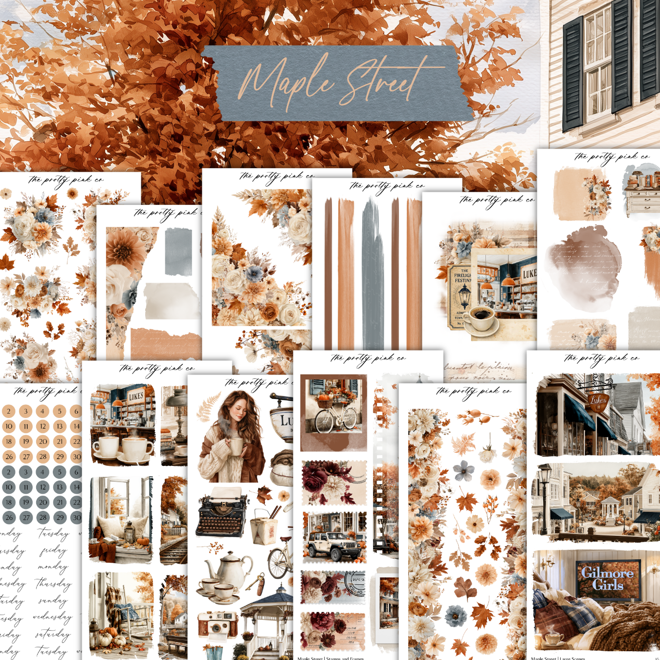 The image is a collage of various autumn-themed images, including floral arrangements, cozy indoor scenes, and a building with a tree in the background. The collage is titled "Maple Street" and includes text that describes the images, such as "The pretty pink co", "The pretty pink co", and "The pretty pink co".