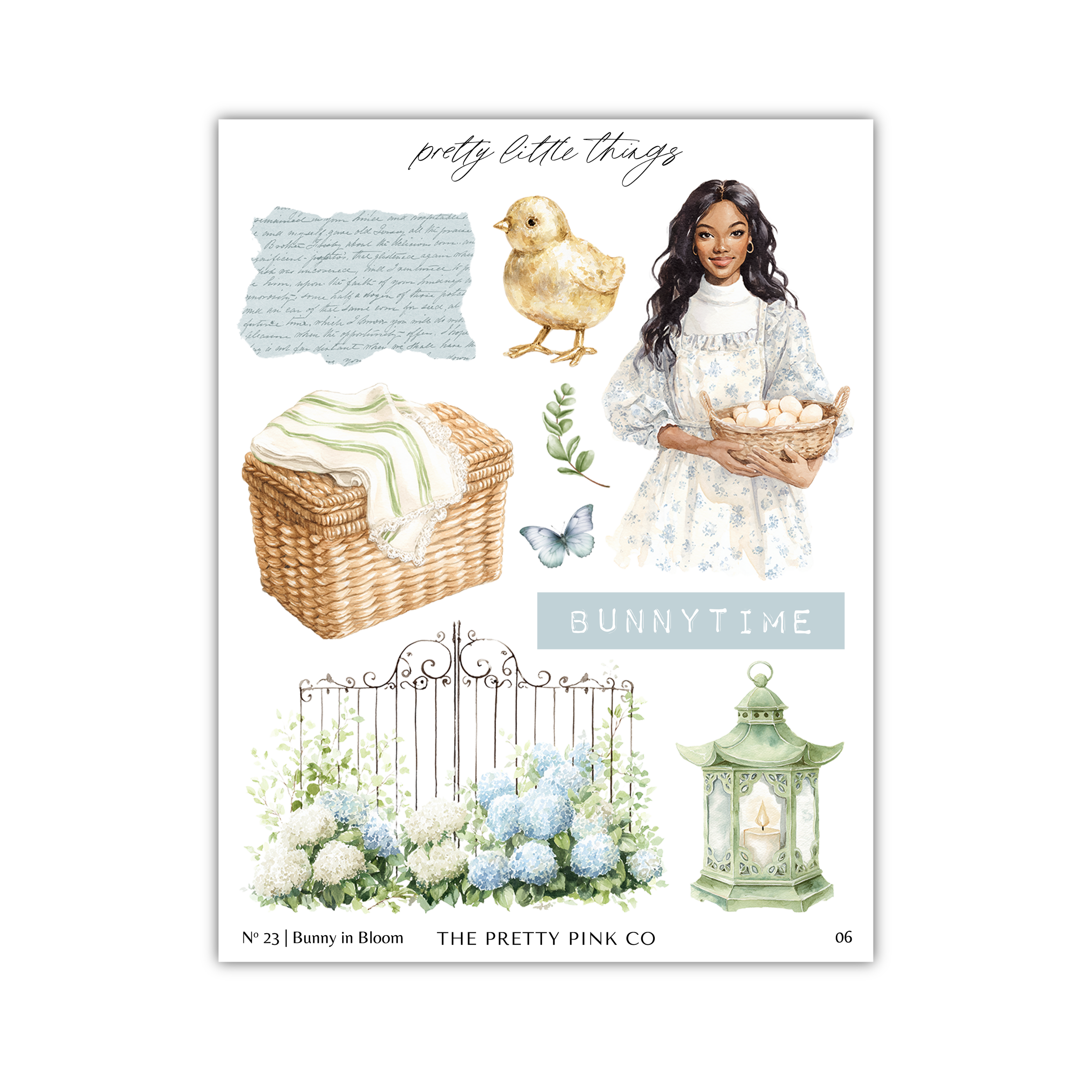 The image is a collage of various elements, including a woman holding a basket of eggs, a chicken, a wicker basket, a gate, and a lantern. The collage is titled "Bunnytime" and includes the text "The pretty little things" and "The pretty pink co".