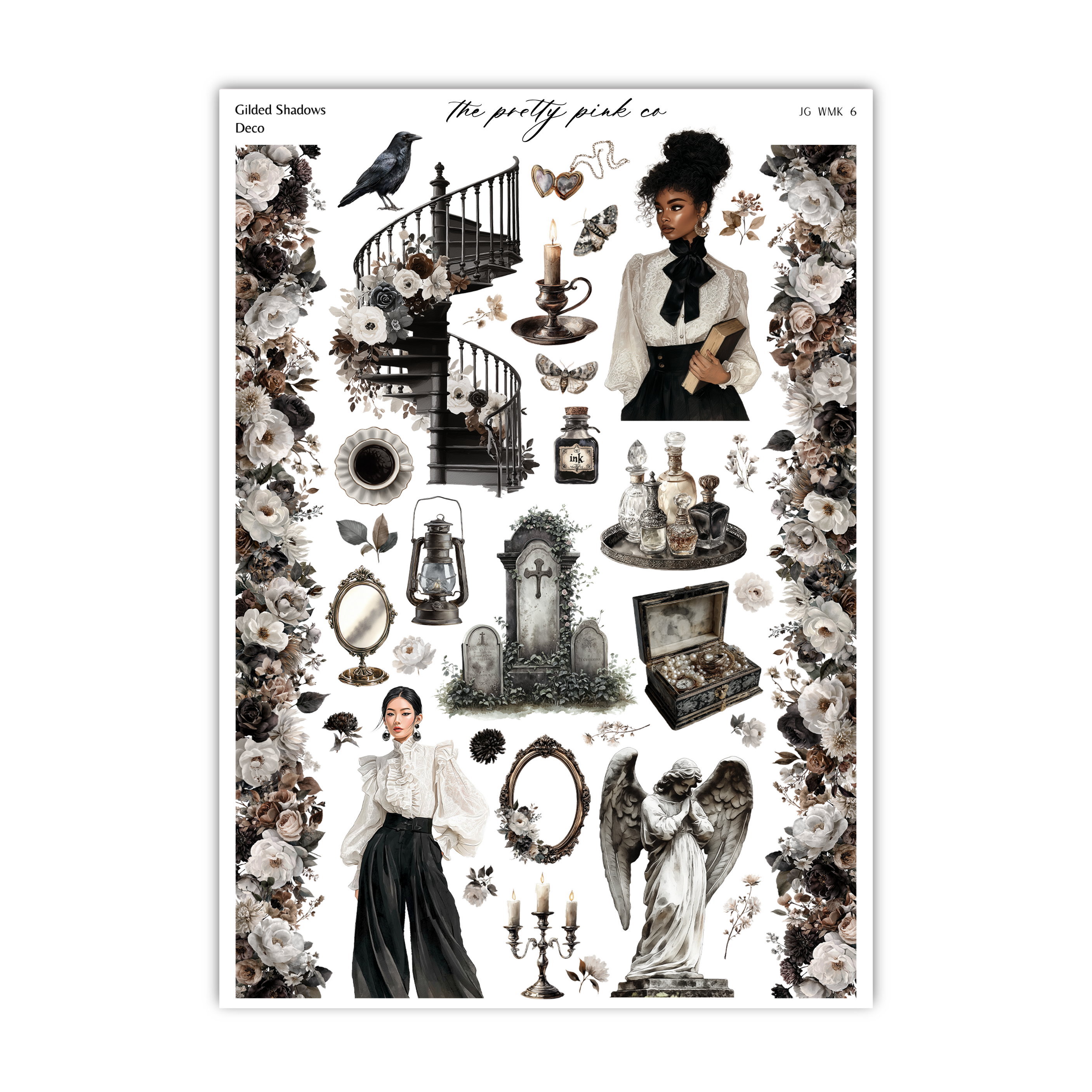 The image is a collage of various decorative and ornamental items, including floral arrangements, candles, vases, and other ornamental objects. It appears to be a collection of vintage or antique-inspired decor items, with a focus on the dark and moody aesthetic.