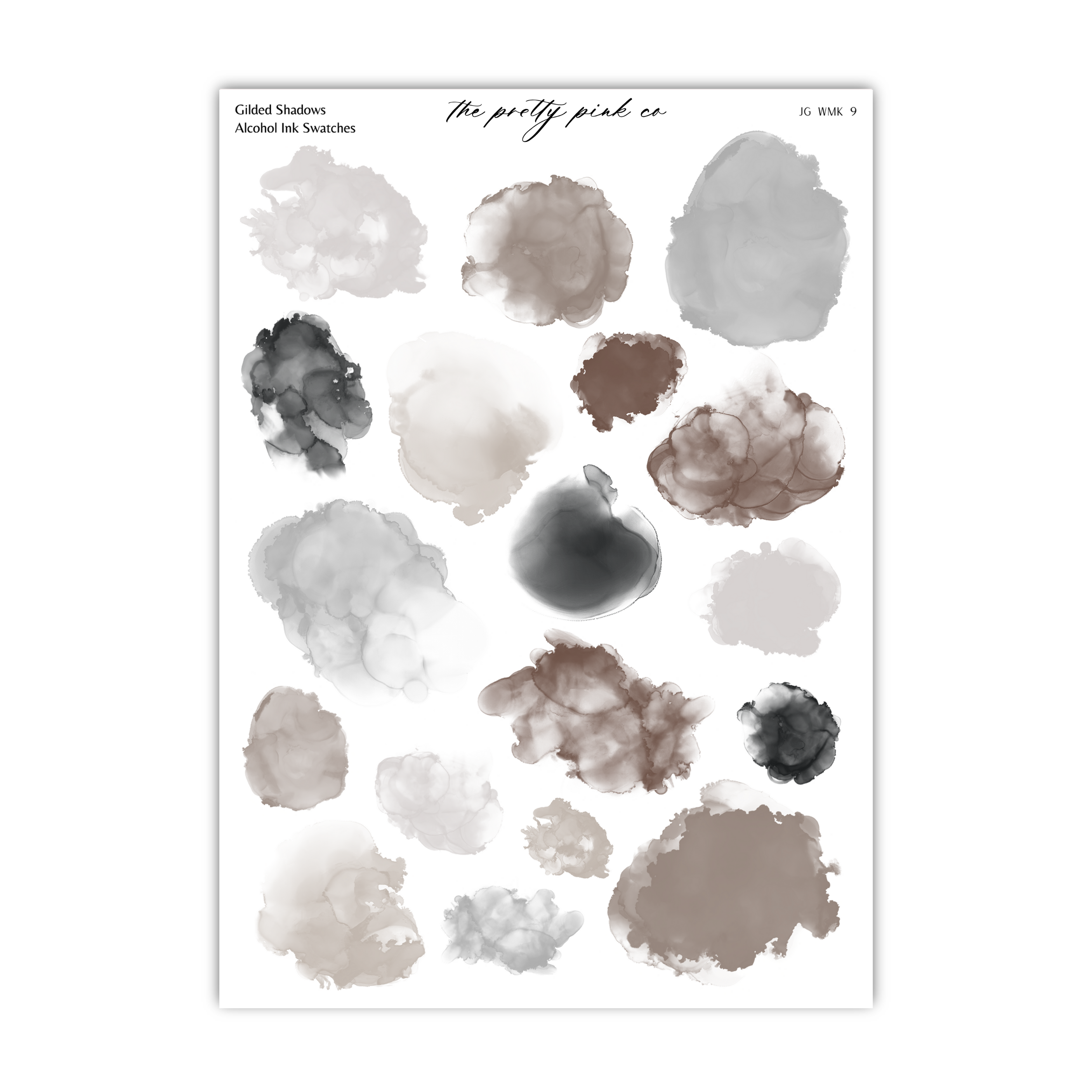 a collection of abstract watercolor brush strokes in various shades of gray, brown, and black, arranged in a grid-like pattern.