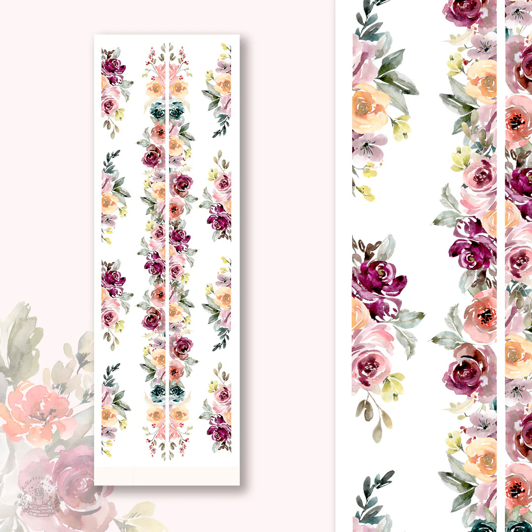 a floral pattern with vertical rows of colorful flowers and leaves on a white background.